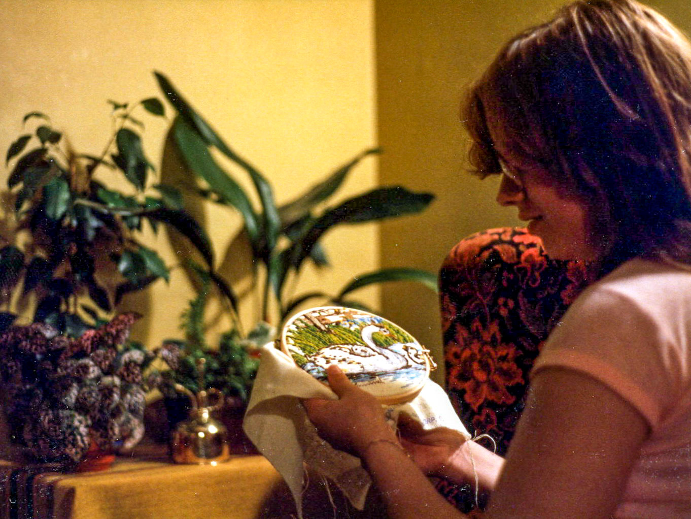 Lesley doing her swan embroidery