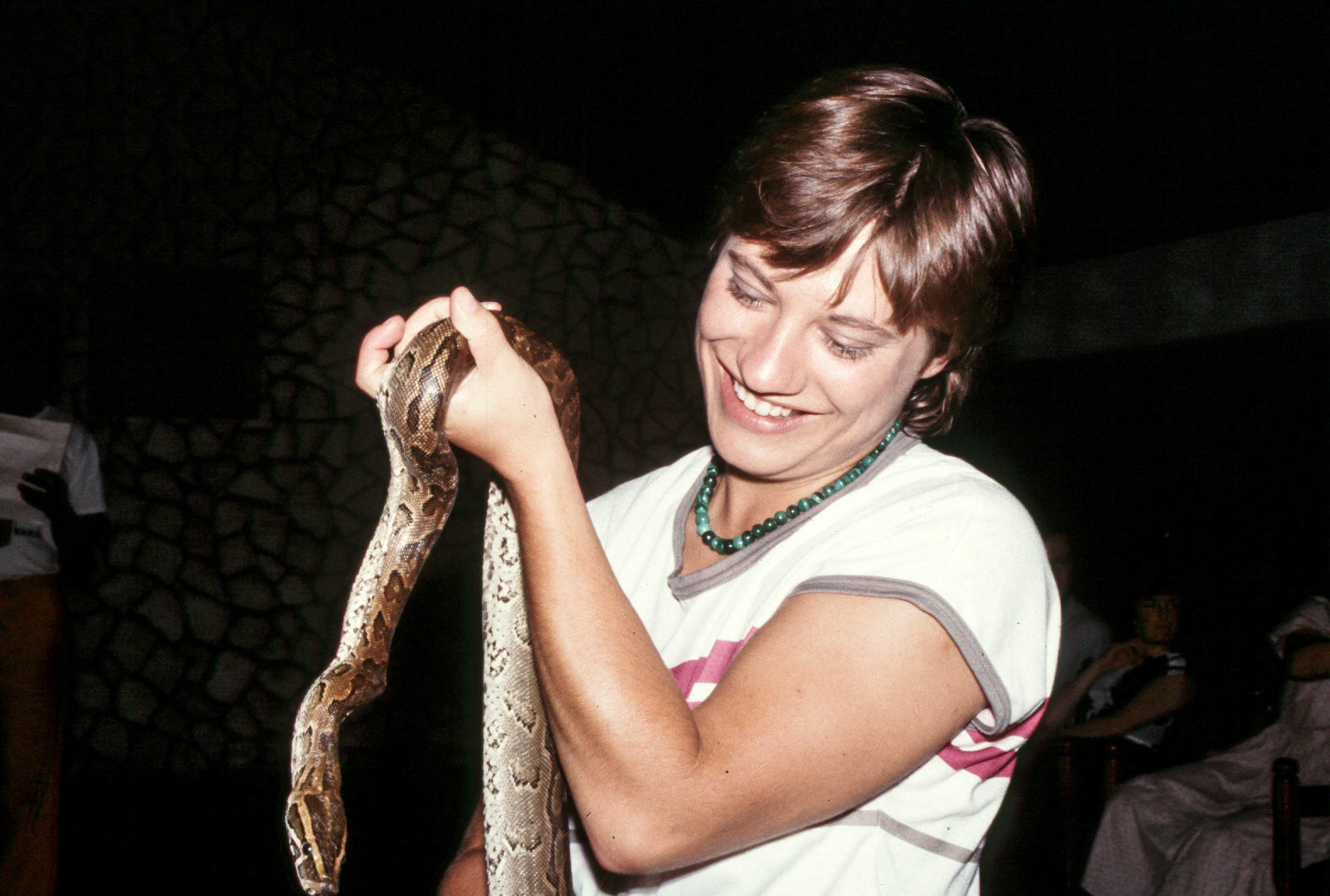 Lesley with snake, Malindi, Kenya, 1982