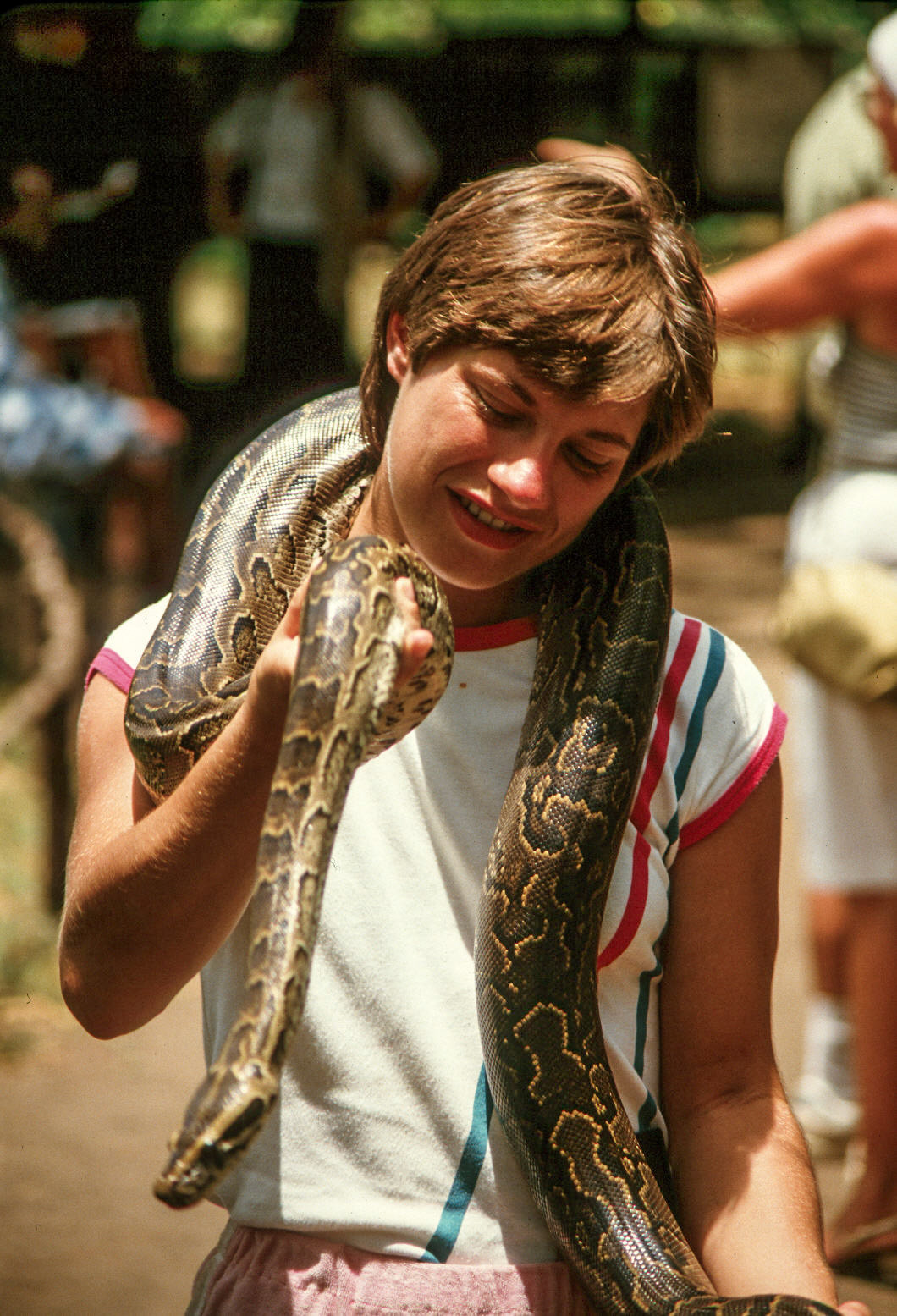 Lesley with snake, Malindi, Kenya, 1982