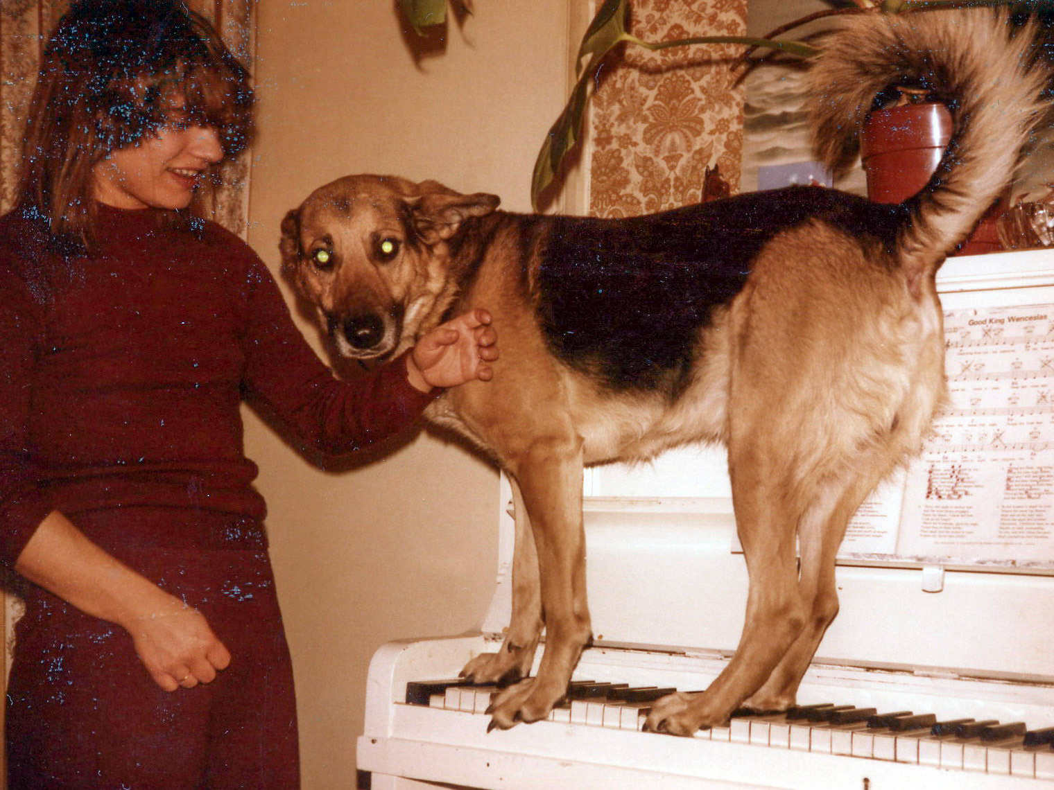 Lesley with pogo, Christmas Eve 1980