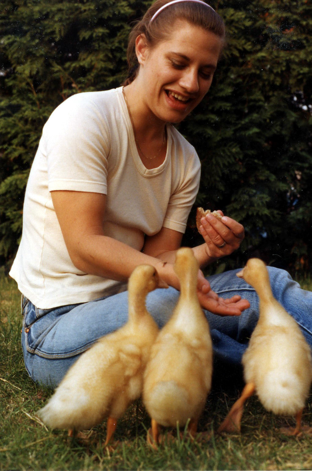 Lesley with ducks in Purton Stoke 1982