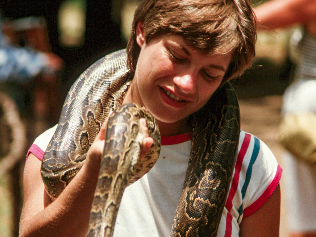 Lesley with snake, Malindi, Kenya, 1982