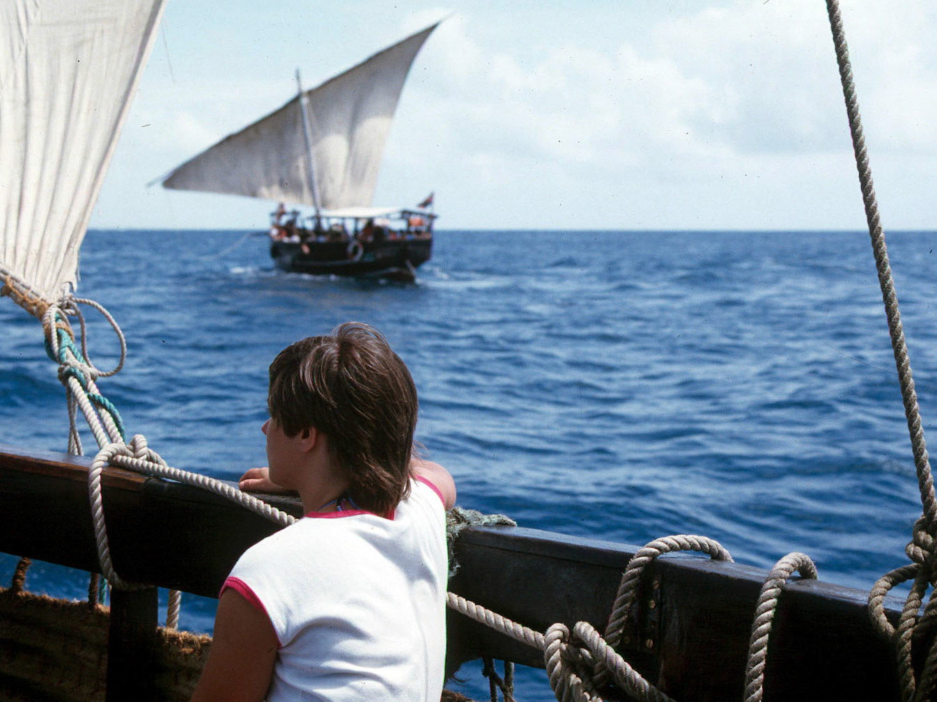 Lesley in Arab dhow, Kenya, 1982