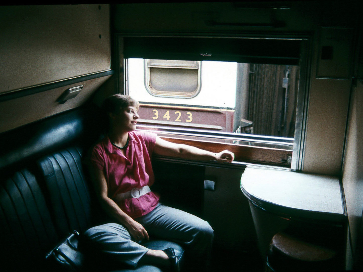 Lesley in train at Nairobi, Kenya 1982