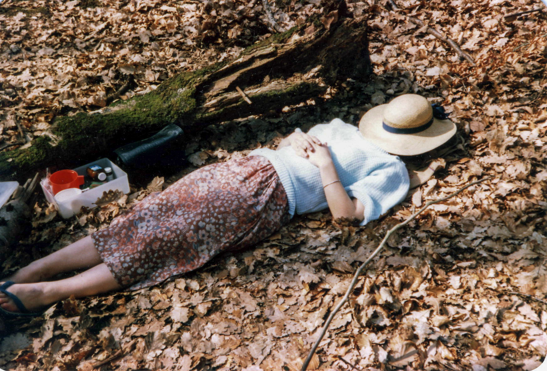 Lesley having a nap at Burnham Beeches, Spring 1980