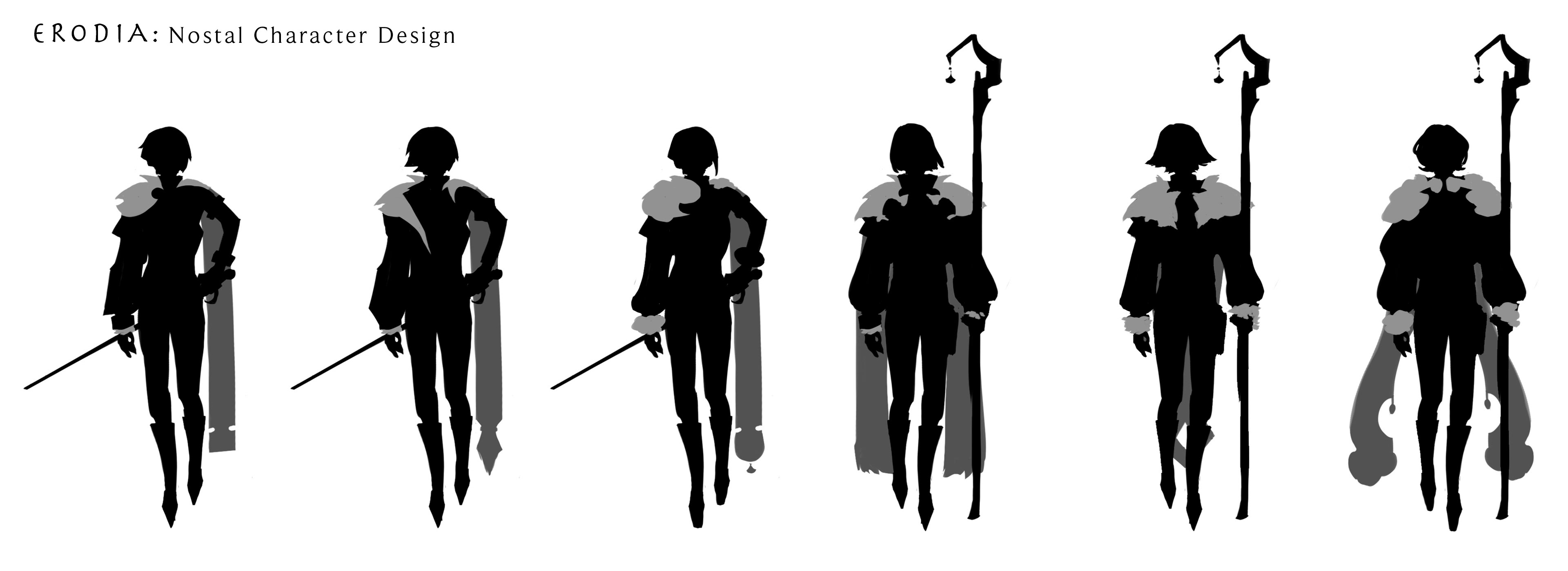 Erodia, Nostal Character Design: Silhouette Ideation Rapier/Staff