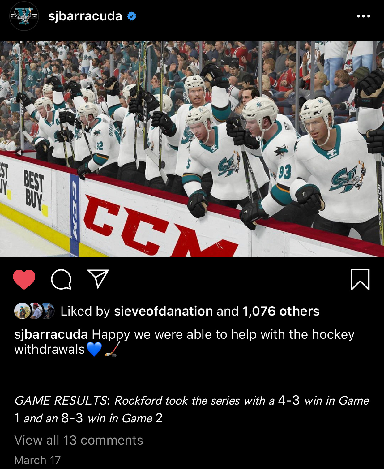 At the peak of COVID-19, we coordinated a virtual gameday against the Rockford Ice Hogs on our Twitch channel.