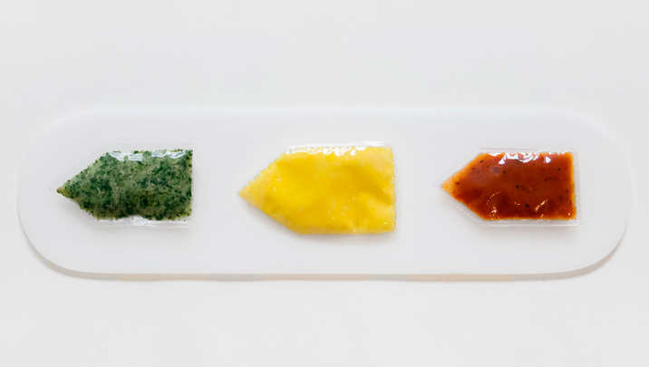 Food in outer space part of ceremonial rituals. Three different sauces.