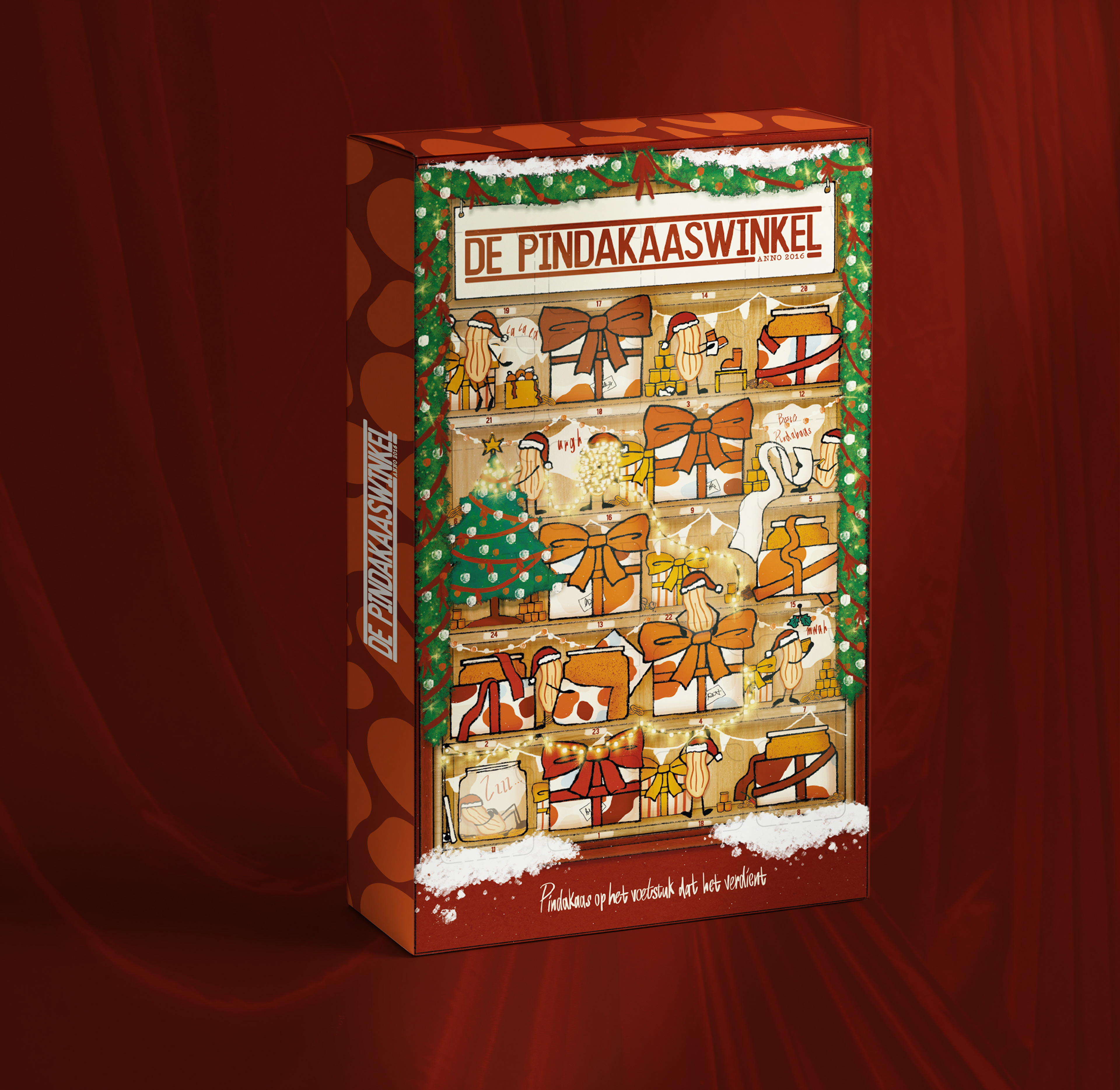 Festive red advent calendar titled “De Pindakaaswinkel,” showing a Christmas-themed peanut butter shop with jars, gifts, bows, and snow.