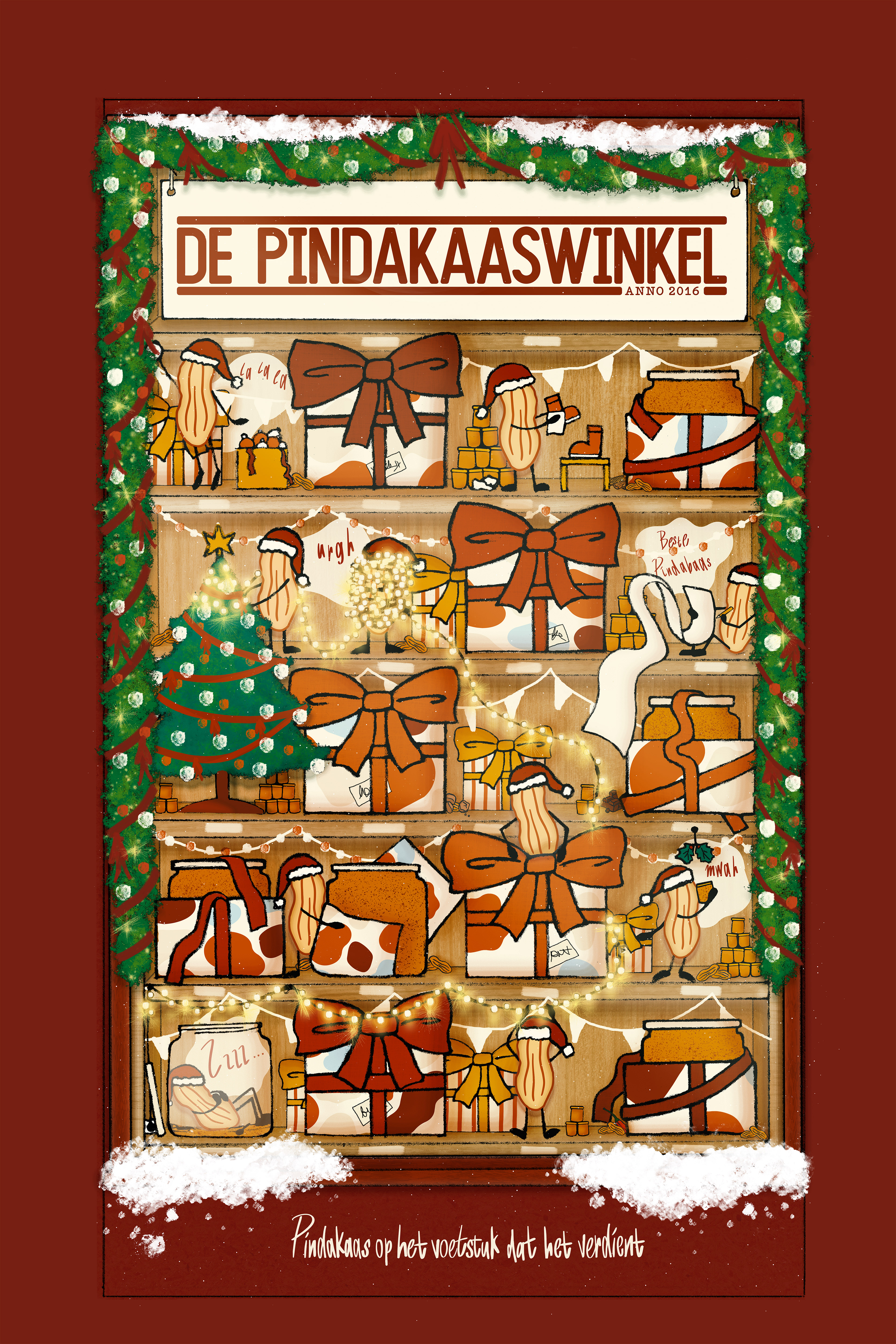 Illustration of the De Pindakaaswinkel Adventskalender showing a Christmas-themed peanut butter shop with jars, gifts, bows, snow, and festive greenery.