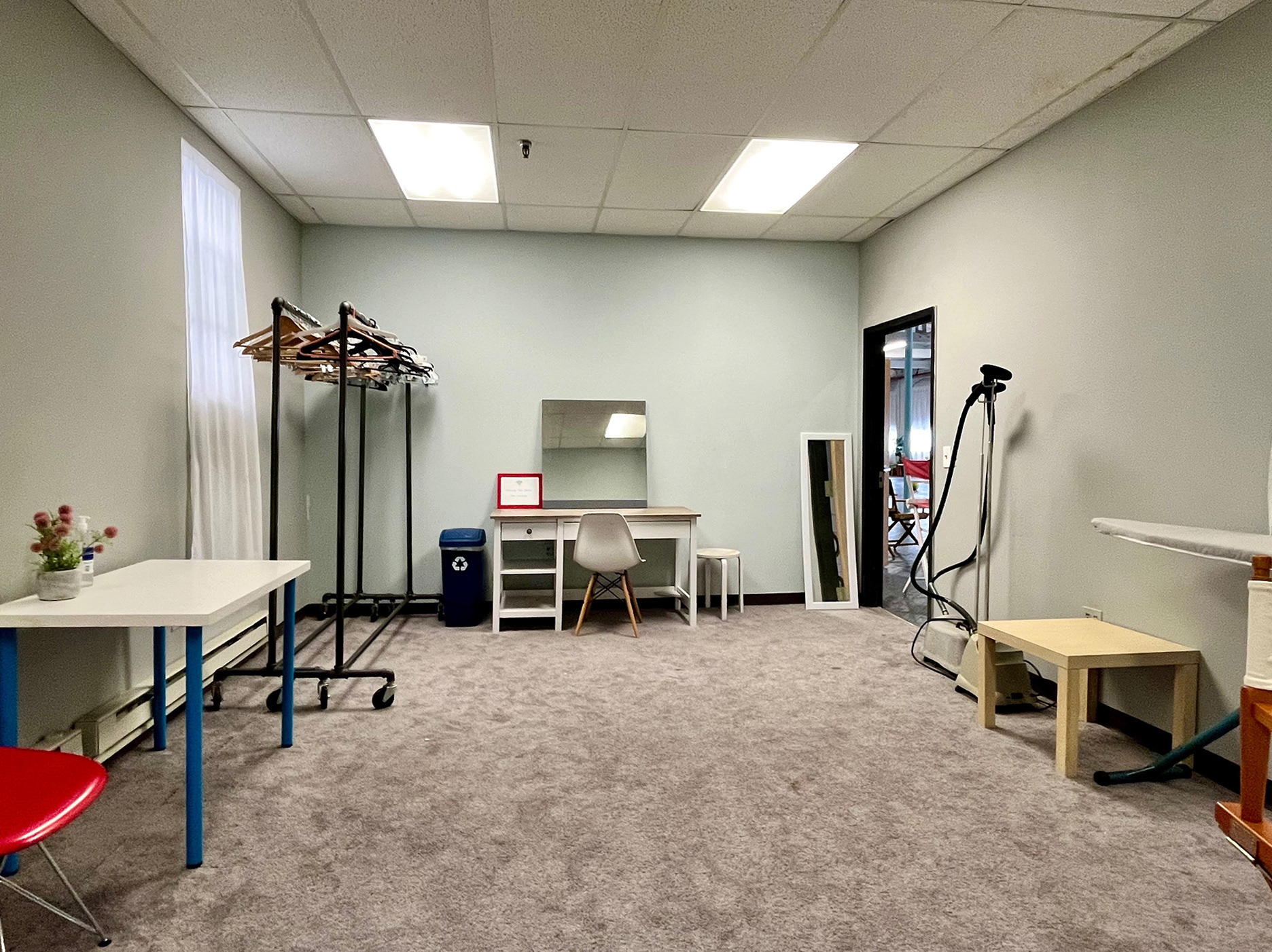 Includes wardrobe racks, hangers, steamers, iron, etc