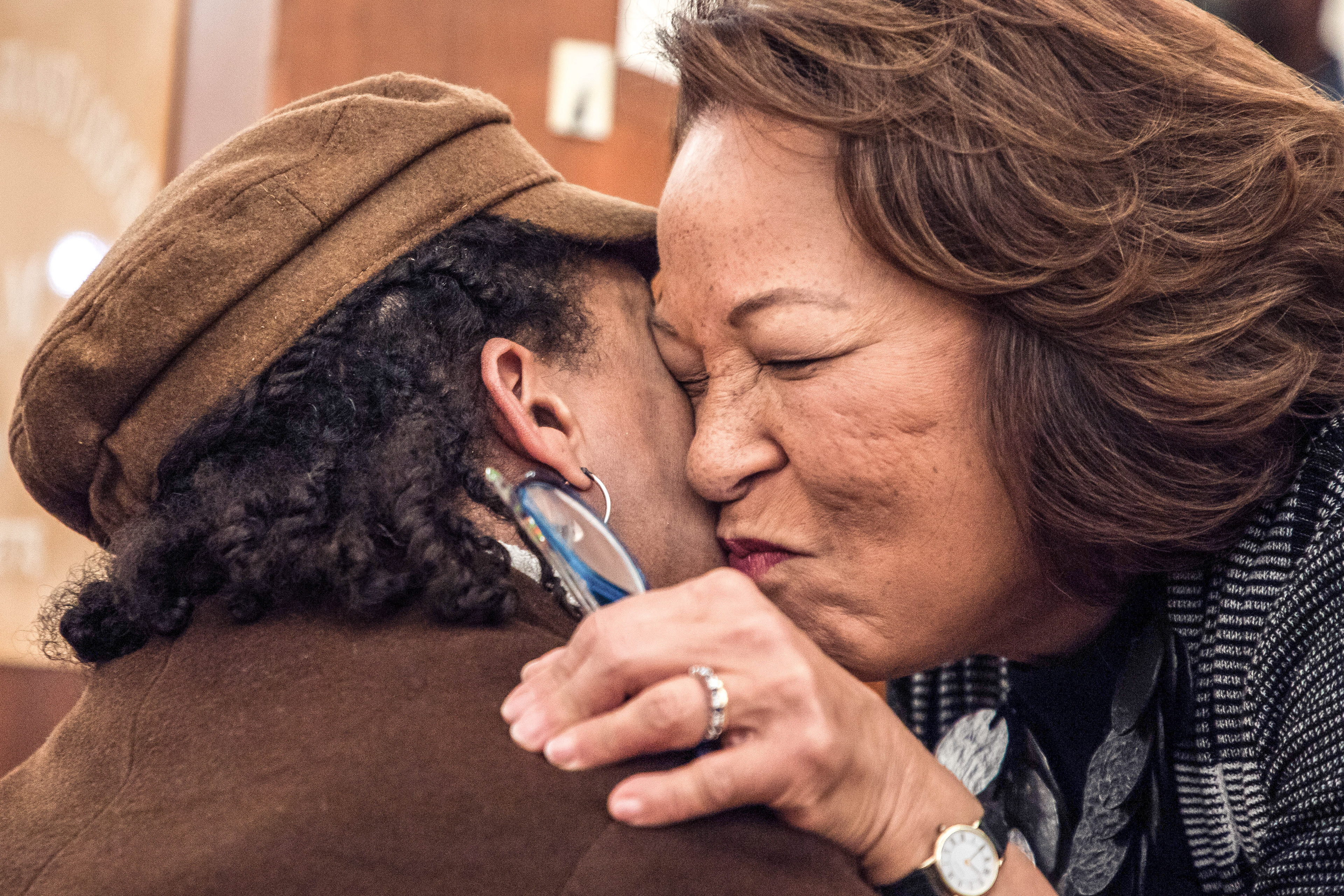 Diane Patrick, wife of former Massachusetts governor Deval Patrick, greets a supporter during a campaign event January 22, 2020 in Boston. Patrick dropped out of the competitive Democratic presidential primary about one month later.