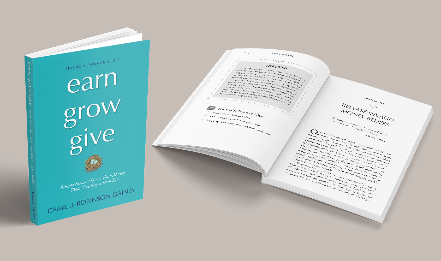 Earn, grow, give by Camille Robinson Gaines. Design of the book covers and interior.