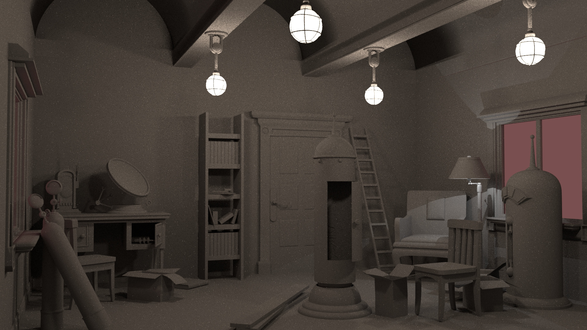 Updated room design with a more complex ceiling. The previous room design felt too cramped; it took me a while to find that a heightened ceiling was implied in one of the game screenshots.
