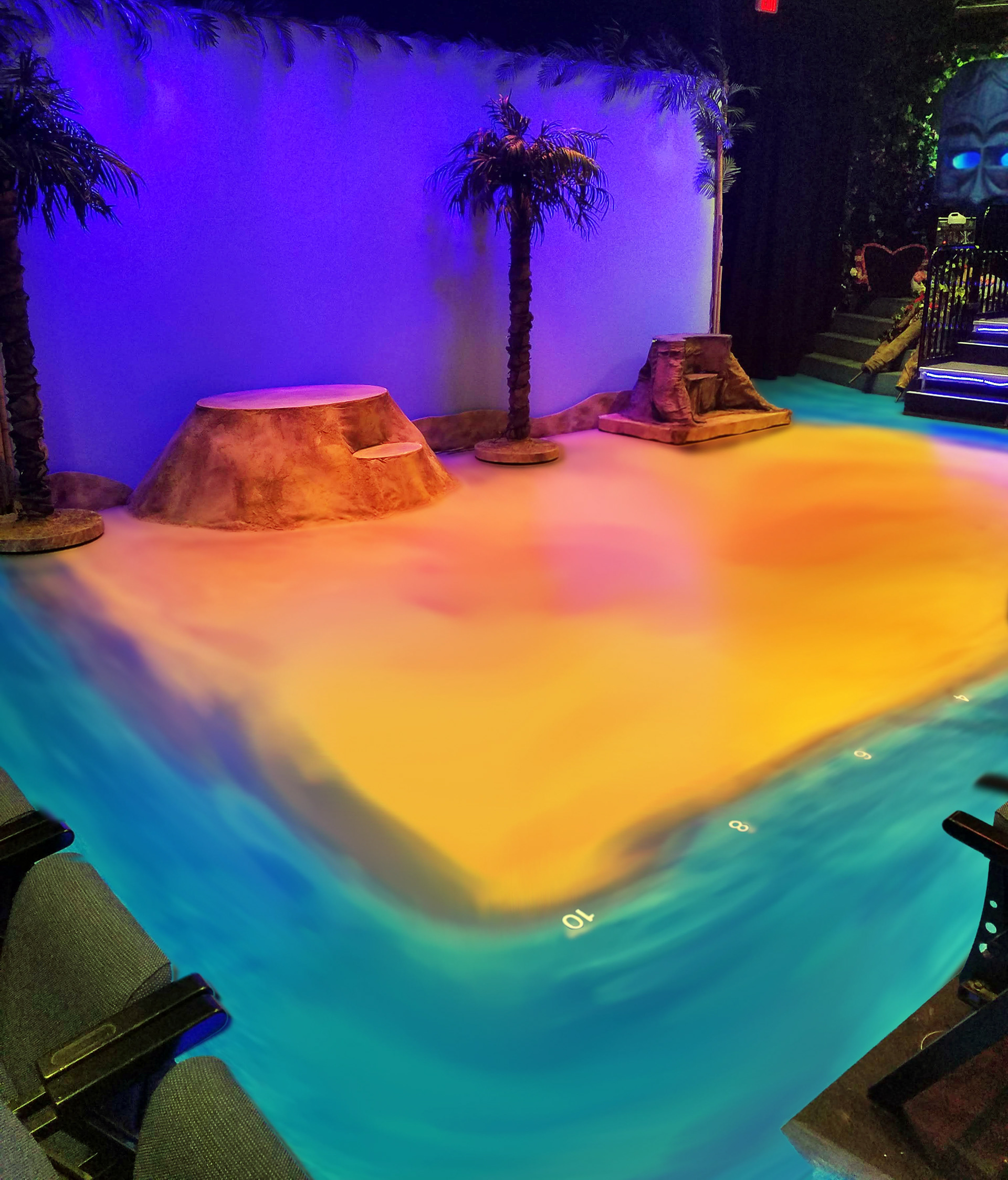 PAINTED ISLAND FLOOR WITH SAND DUNES, PALM TREES AND TI MOUNE TREE IN FRONT OF CYC