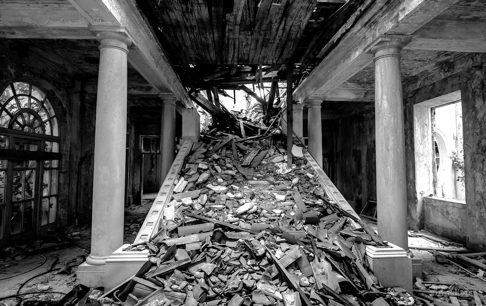 staircase of a former hotel lobby in Kupari
