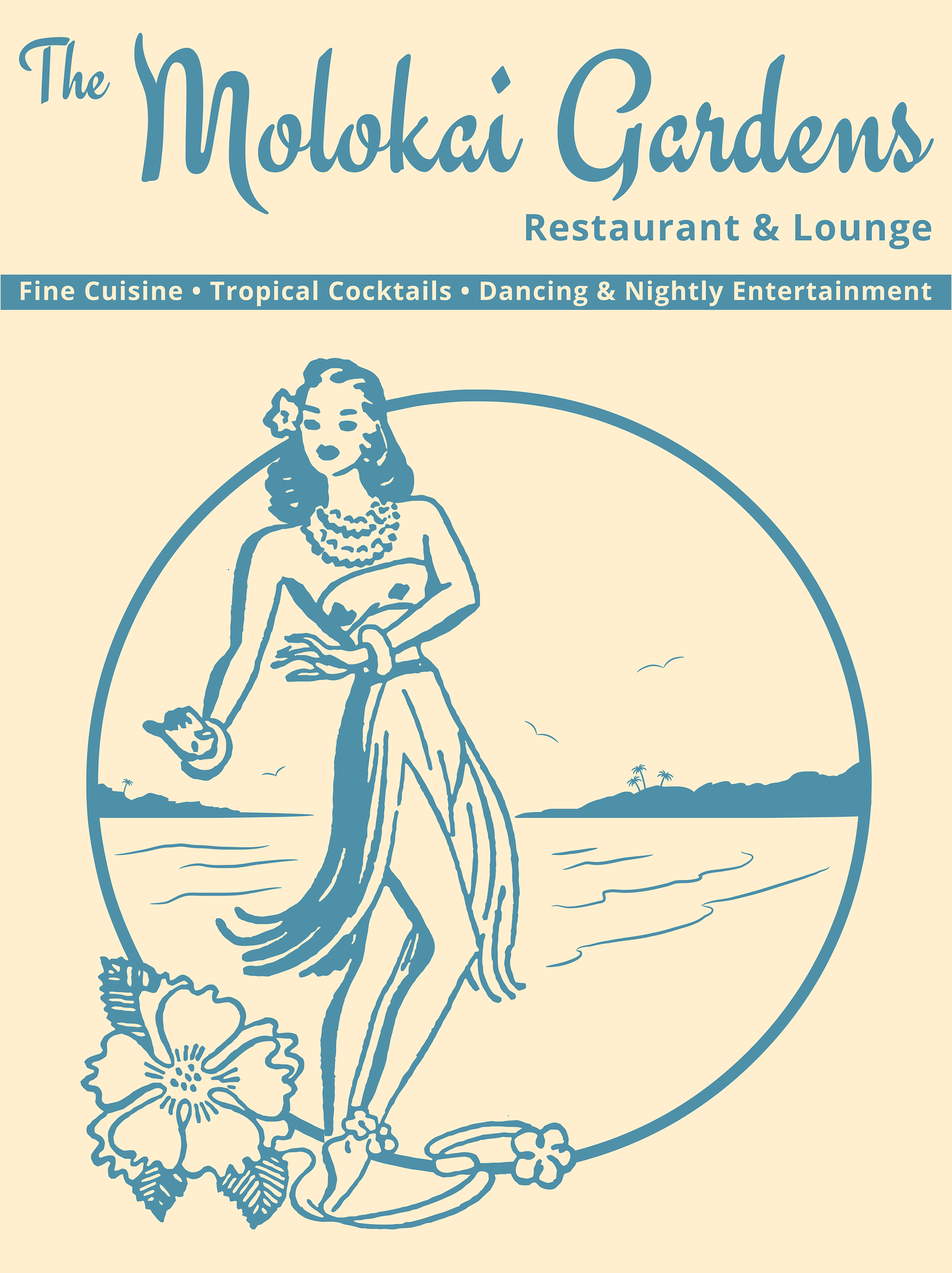 Menu cover for fictional restaurant & lounge called The Molokai Gardens.