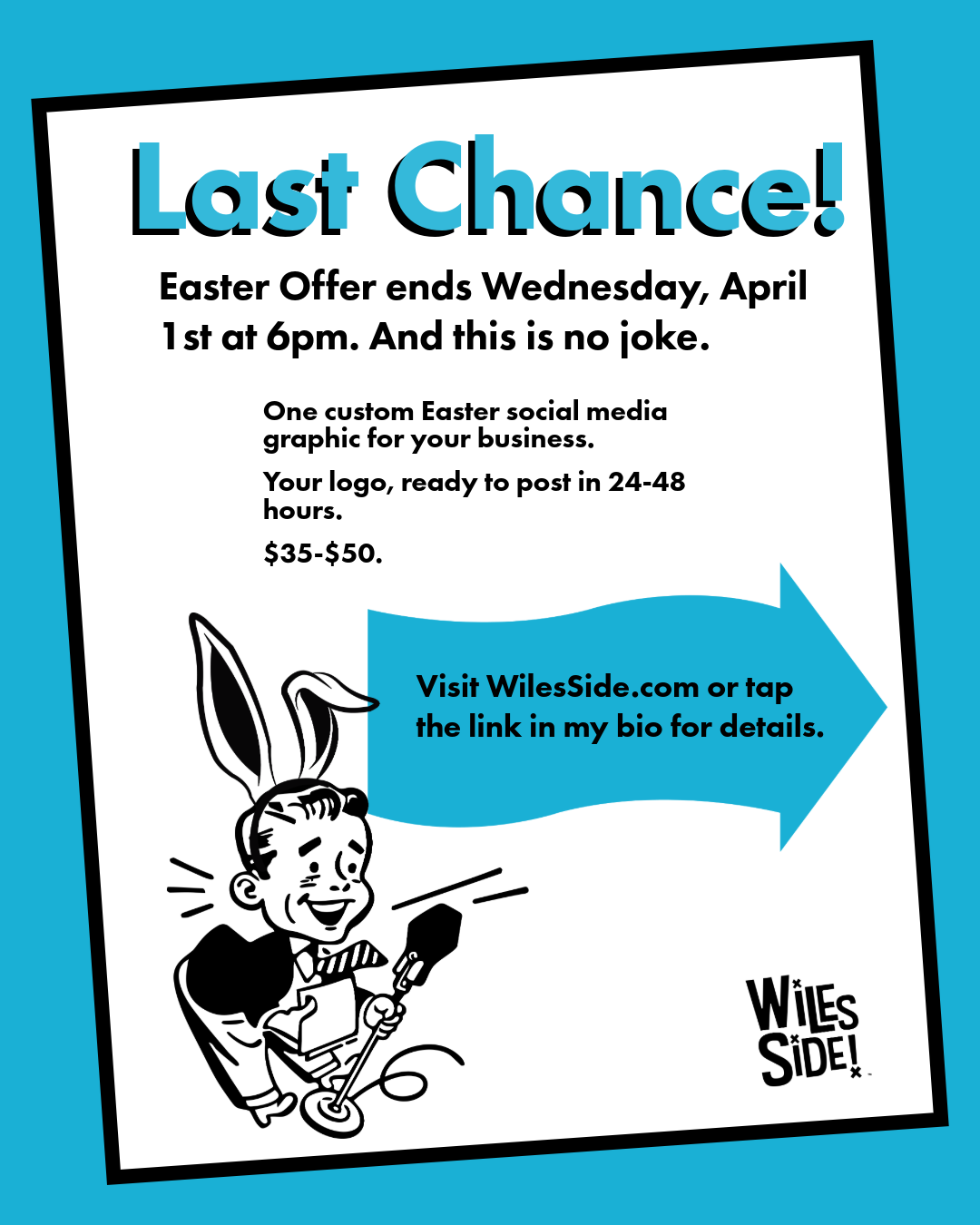Well, why not put myself in with the samples? The offer has expired, but the post design is solid. A combination of retro and vintage elements. I even hand drew the bunny ears, then digitized it. 