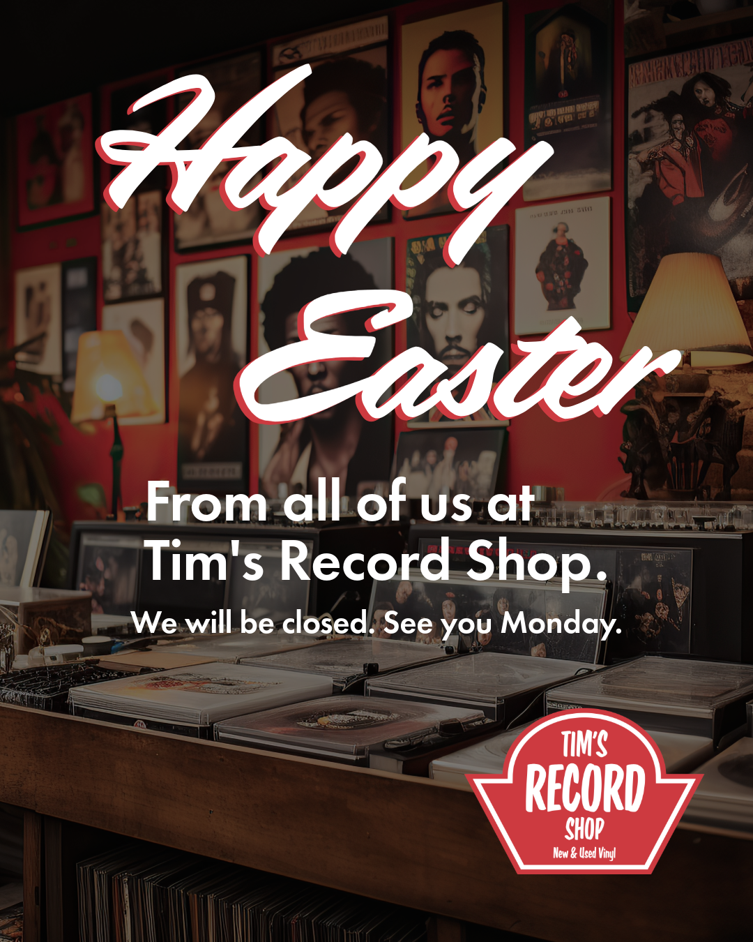 A holiday greeting post example for the fictional Tim's Record Shop. Whether you're open or closed a post for a holiday shows your followers that you're paying attention.