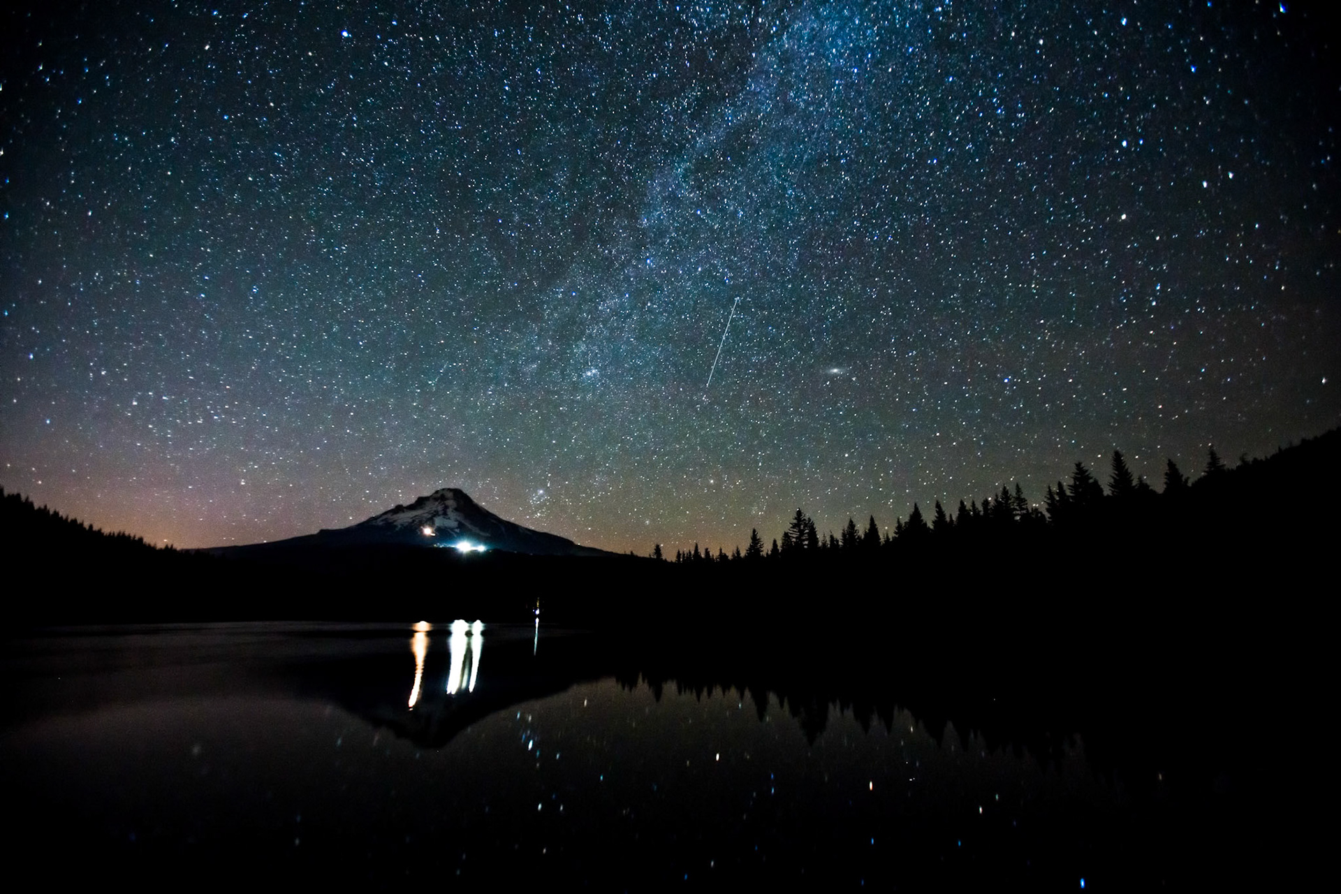 Mount Hood and Trillium Lake at night