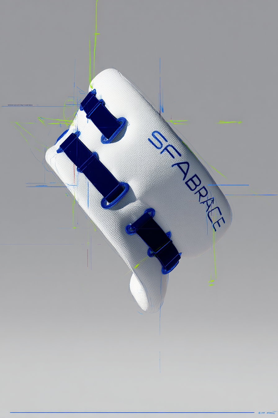 A dynamic view of this neckbrace product concept blending Alpha-level photo realism with industrial sketch energy. The object is a neck brace for car accidents made out of 4 white cushion parts and attached together with dark blue velcro strips. It has the words "SAFEBRACE" written on one of the cushions. Over the neckbrace, fashion construction lines and functional marks, fold axes and garment balance indicators, drawn in Pantone B73C3C and light green. The composition feels like a schematic blueprint of movement, framed in expressive draftmanship. Background in solid white.