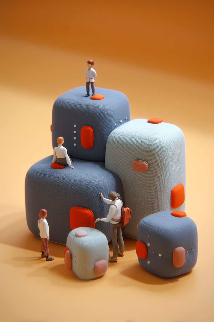 A comftorbal view of this modular rectangular blocks concept with comfy-level photo realism with kids interacting with it. The object is a modular sound absorption block system with two different block sizes, covered in three different blue tones, and on the sides of the blocks there are several repetitive peach colored rounded squares. The kids also hide amongst the blocks. The composition feels like an advertisement for comfort and safety. Background is in pastel orange and sky.