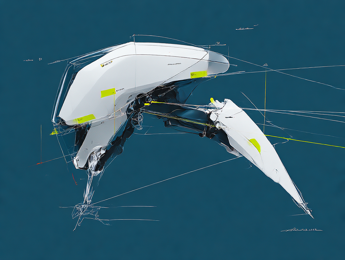 A dynamic speculative medtech concept blending Ruwido Alpha-level photo realism with industrial sketch energy. The object resembles a helmet in matt white, paired off with neon blue highlighting features. Over the helmet : fashion construction lines and functional marks, fold axes and garmet balance indicators, drawn in Pantone 405 C and light green. The composition feels like a schematic blueprint of movement, framed in expressive draftsmanship. In the style of Jomaro Kindred and Alphonse Mucha. Background in solid dark teal-blue (HEX #003F4A).