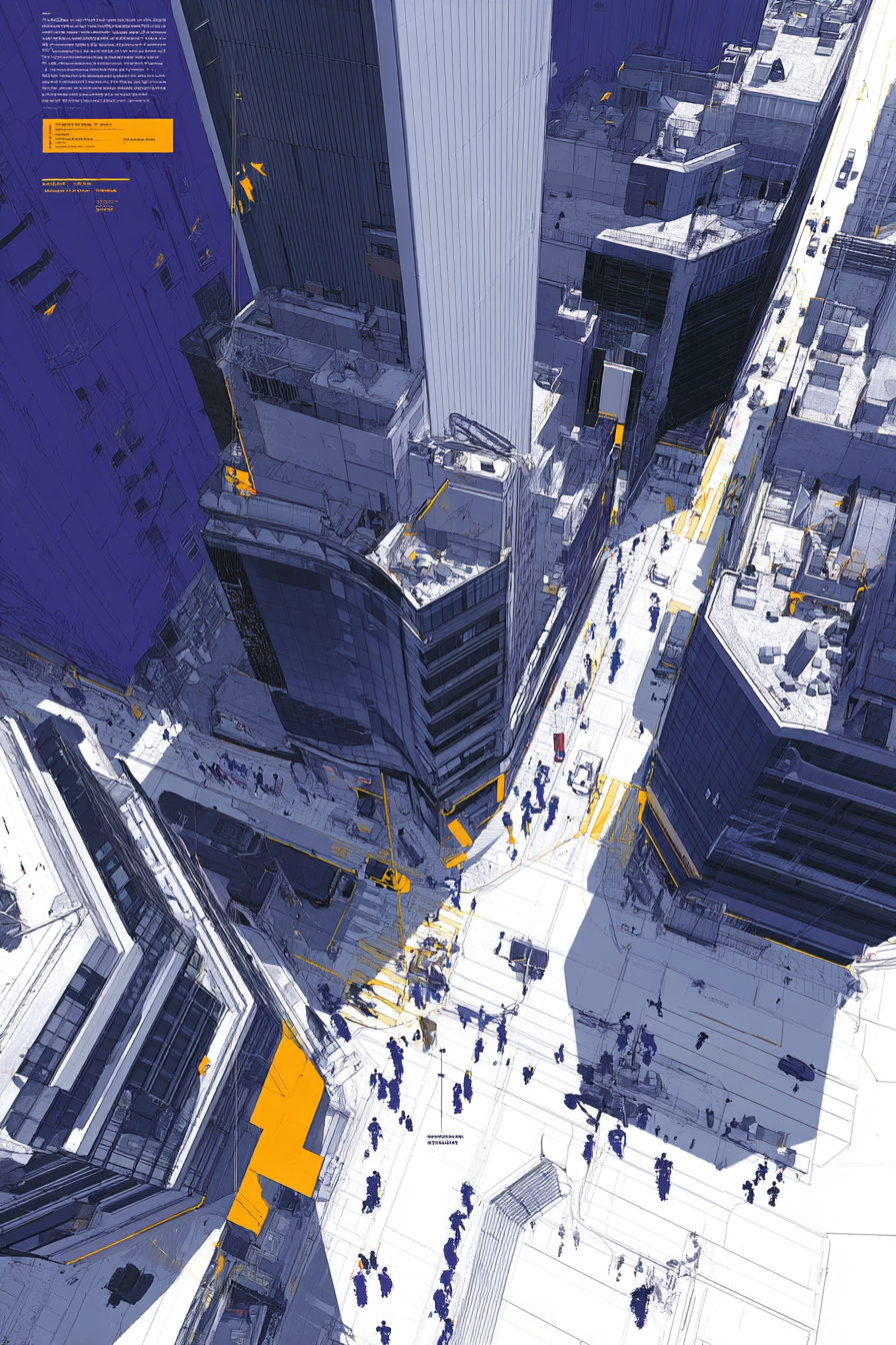 The new york city skyline is black and white sketch style with dark purple highlights and splashes of neon yellow