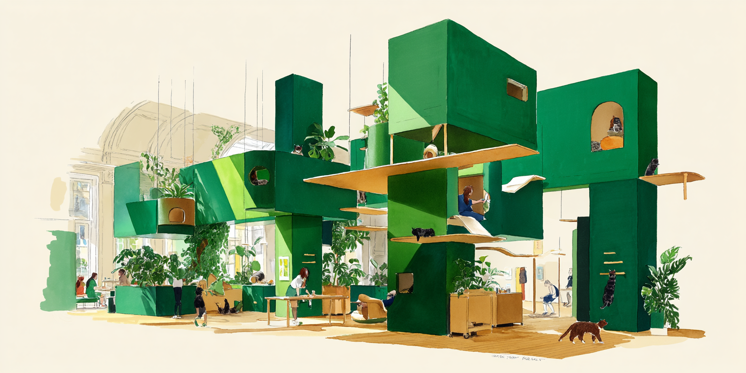 A cat cafe designed for those allergic to cat fur, full of plants and natural sunlight. The space has light wood floorboards, green walls, and green cushions. There are cat houses a lot as well. It is all in watercolor and sketch style. Ressembles architectural mockups. off-white backgrounds.