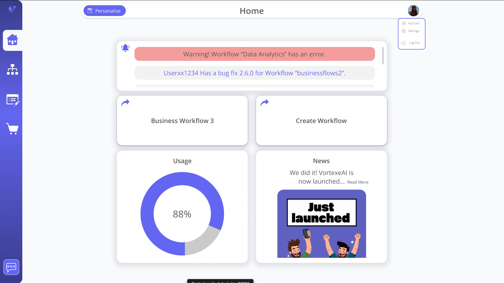 Home Page - Settings & Account Selection