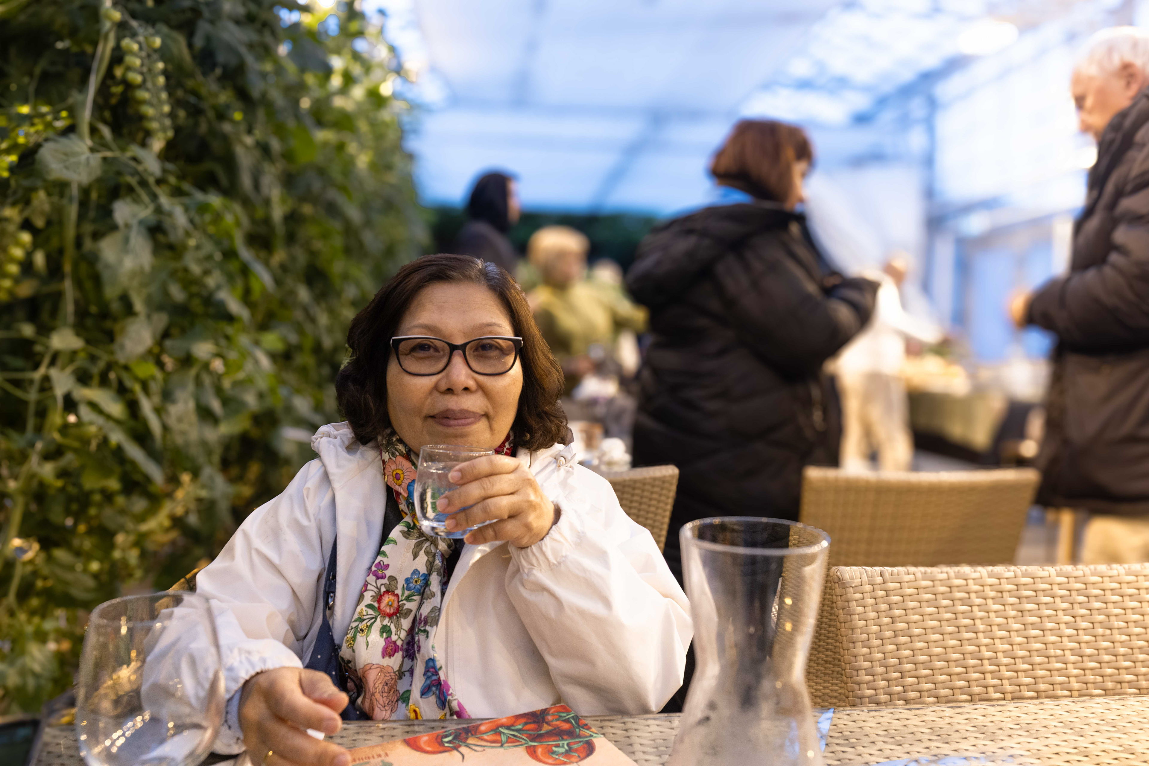 We enjoyed lunch here inside the warm, brightly lit greenhouse surrounded by hanging tomato vines.