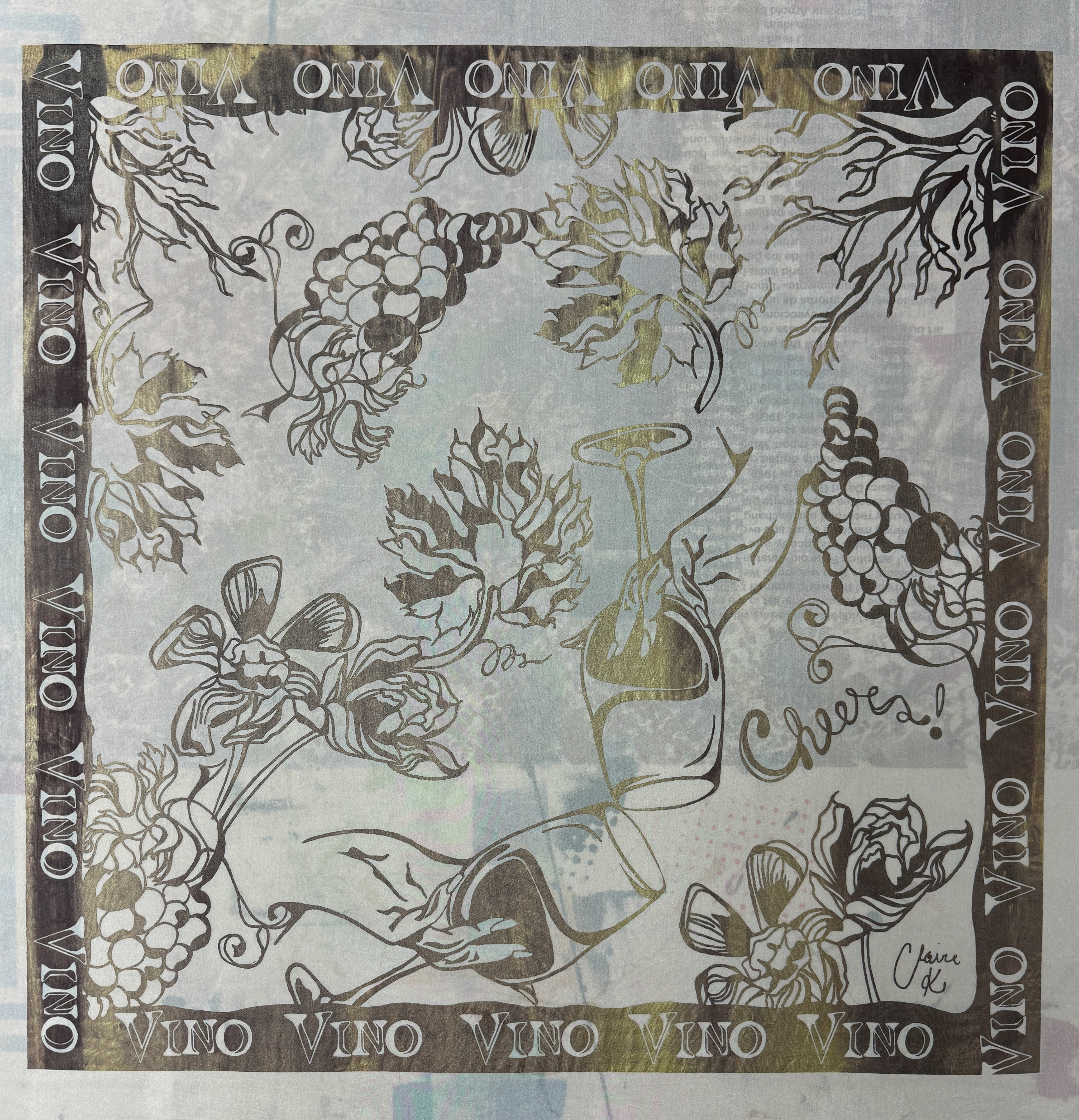 Silk scarf, mordanted and dyed in red wine, hand-illustrated and screen-printed (1 screen), 28" x 28"