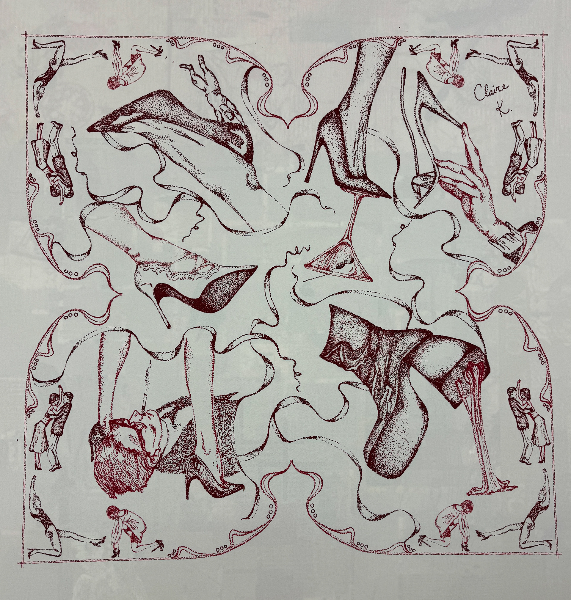 Silk scarf, hand-illustrated and screen-printed (2 screens), 28" x 28"
