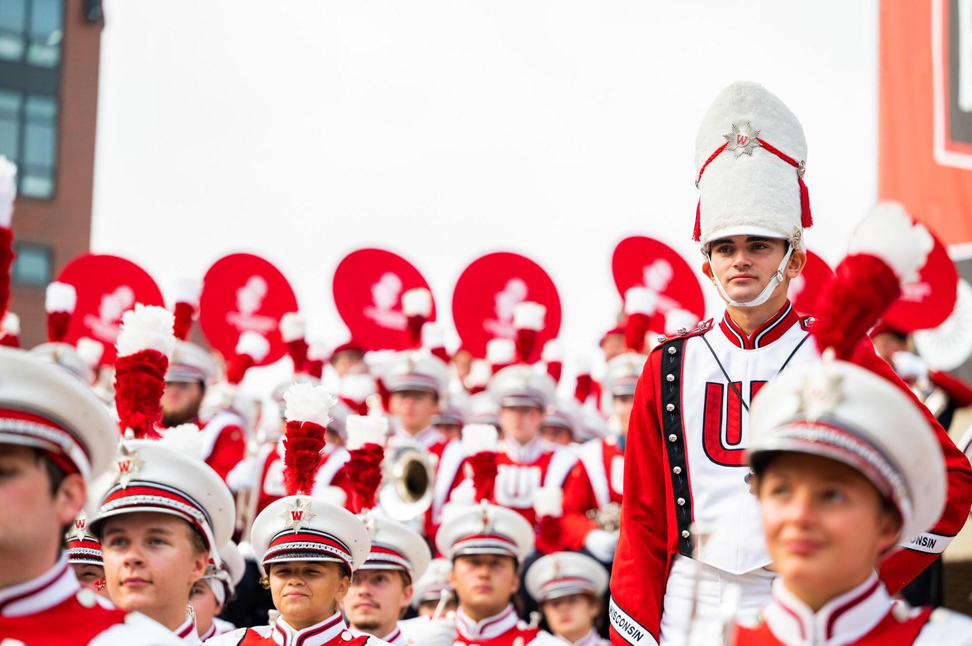 University of Wisconsin-Madison Drum Major Noah Fairchild stands among his fellow Marching Band members during Badger Bash at Union South at the University of Wisconsin-Madison on Sept. 16, 2023. (Photo by MK Denton / UW–Madison)