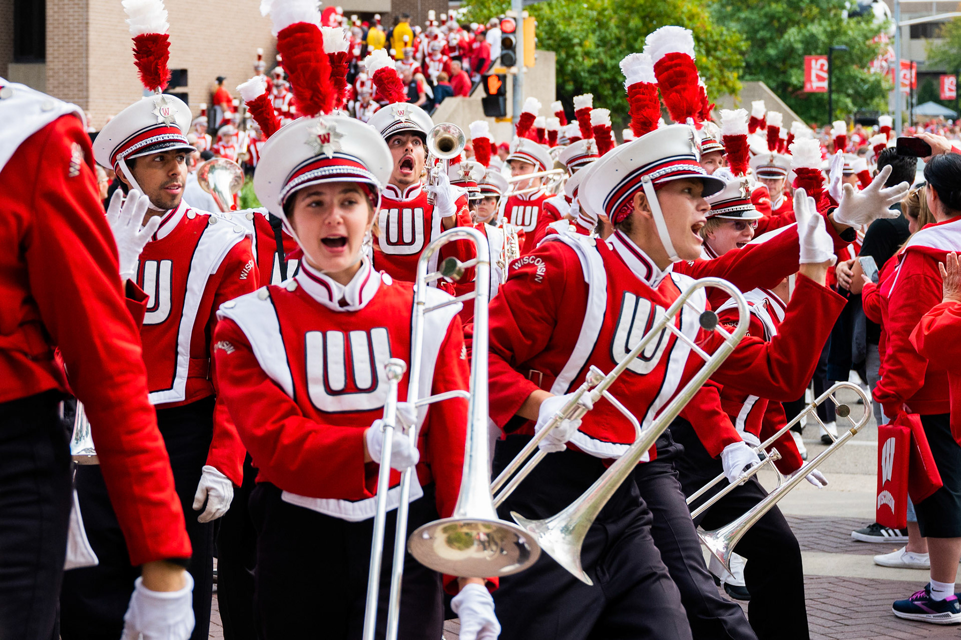 University of Wisconsin-Madison Marching Band members march into Camp Randall after Badger Bash at Union South at the University of Wisconsin-Madison on Sept. 16, 2023. (Photo by MK Denton / UW–Madison)