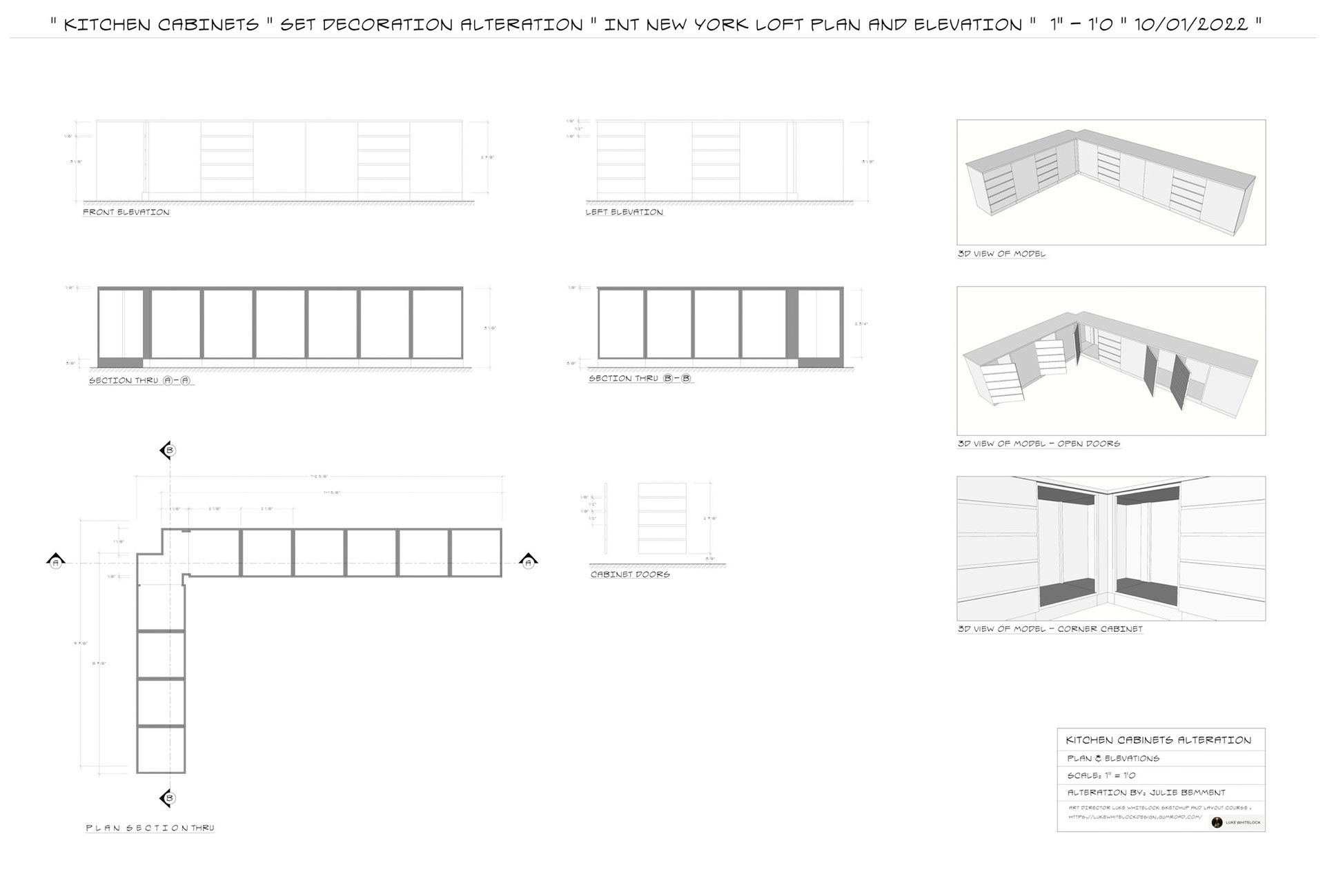 Layout Sheet: Kitchen Cabinets - A combination of my own Set Decoration ideas, and the cabinets I am learning to model and digitally draft as part of Art Director Luke Whitelock’s course in SketchUp/Layout. I have produced this layout sheet of the cabinets from the office space. - Whilst modelling a second version of the kitchen units, I built a design that included opening selected doors and creating a corner cupboard space, fully accessible via both doors, therefore adding more storage and/or functional set decoration.
