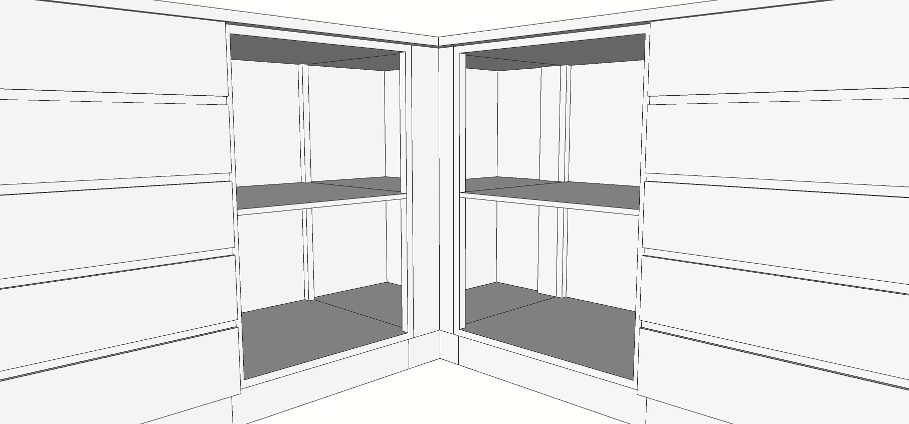 Kitchen Cabinets (Corner Unit) - A combination of my own Set Decoration ideas, and the cabinets I am learning to model and digitally draft as part of Art Director Luke Whitelock’s course in SketchUp/Layout.