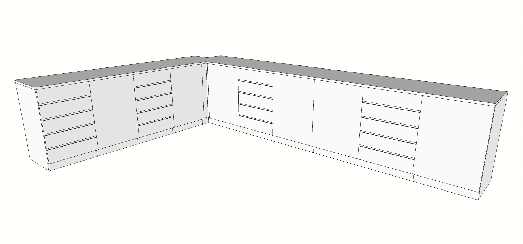 Kitchen Cabinets (Front View) - A combination of my own Set Decoration ideas, and the cabinets I am learning to model and digitally draft as part of Art Director Luke Whitelock’s course in SketchUp/Layout.