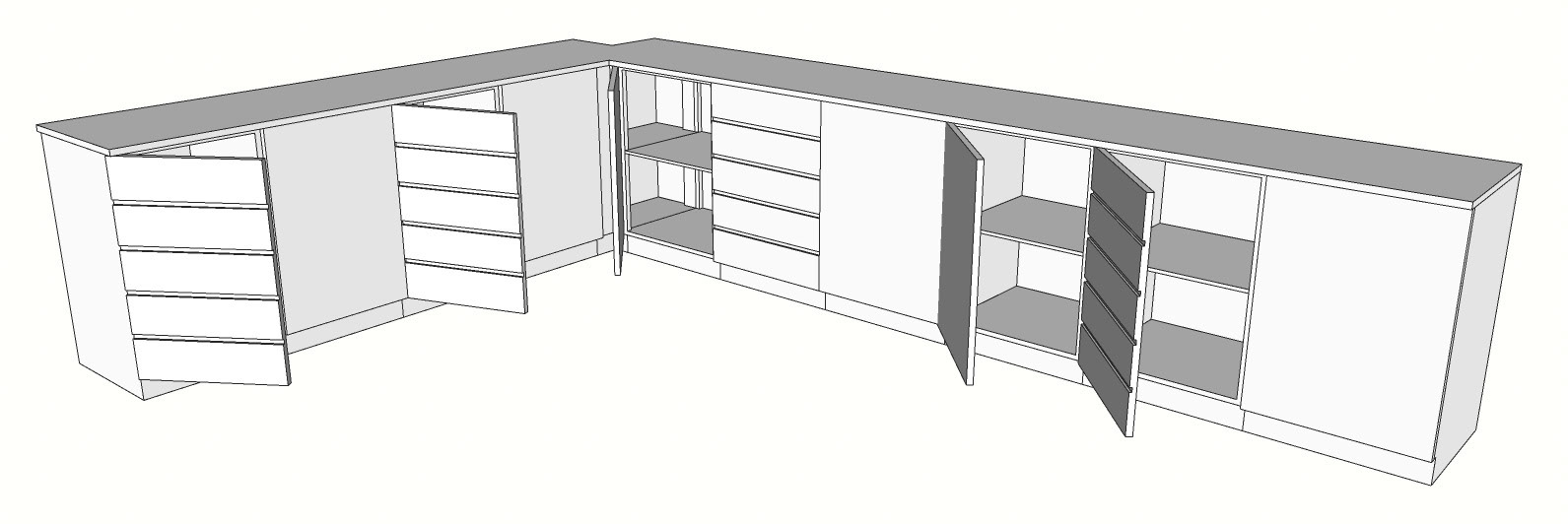 Kitchen Cabinets (Front View - Open Doors) - A combination of my own Set Decoration ideas, and the cabinets I am learning to model and digitally draft as part of Art Director Luke Whitelock’s course in SketchUp/Layout.