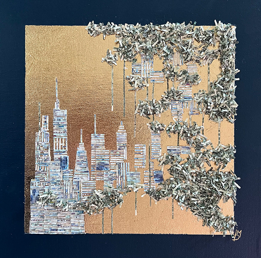 "Fortuna Metropolis", shredded currency and gold leaf on a 12"x12" canvas panel, 2024.