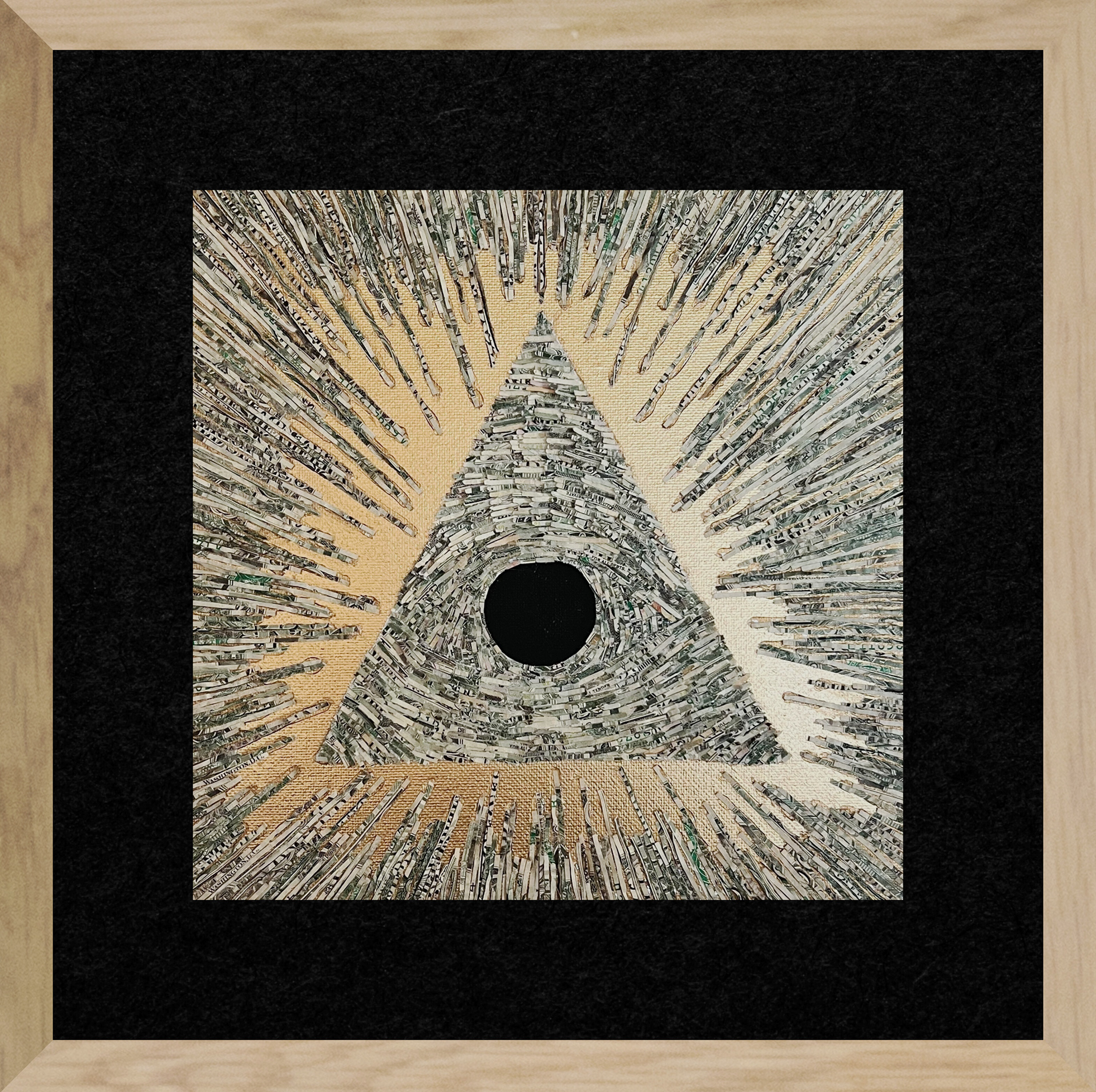Divine Capital, shredded dollars and gold spray on canvas panel, 9"x9", 2024.
