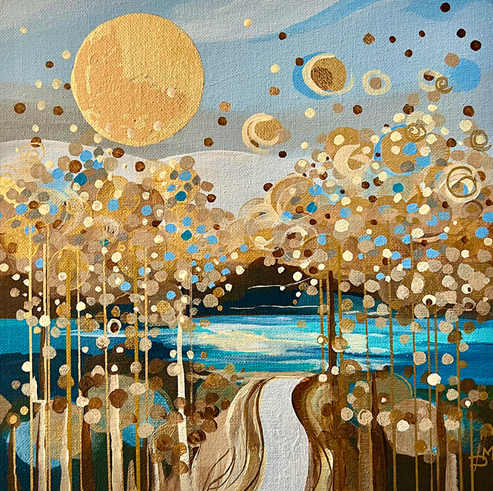 SerenityLandia No.1, 10"x 10" acrylics and gold leaf on canvas panel, 2024, unframed.