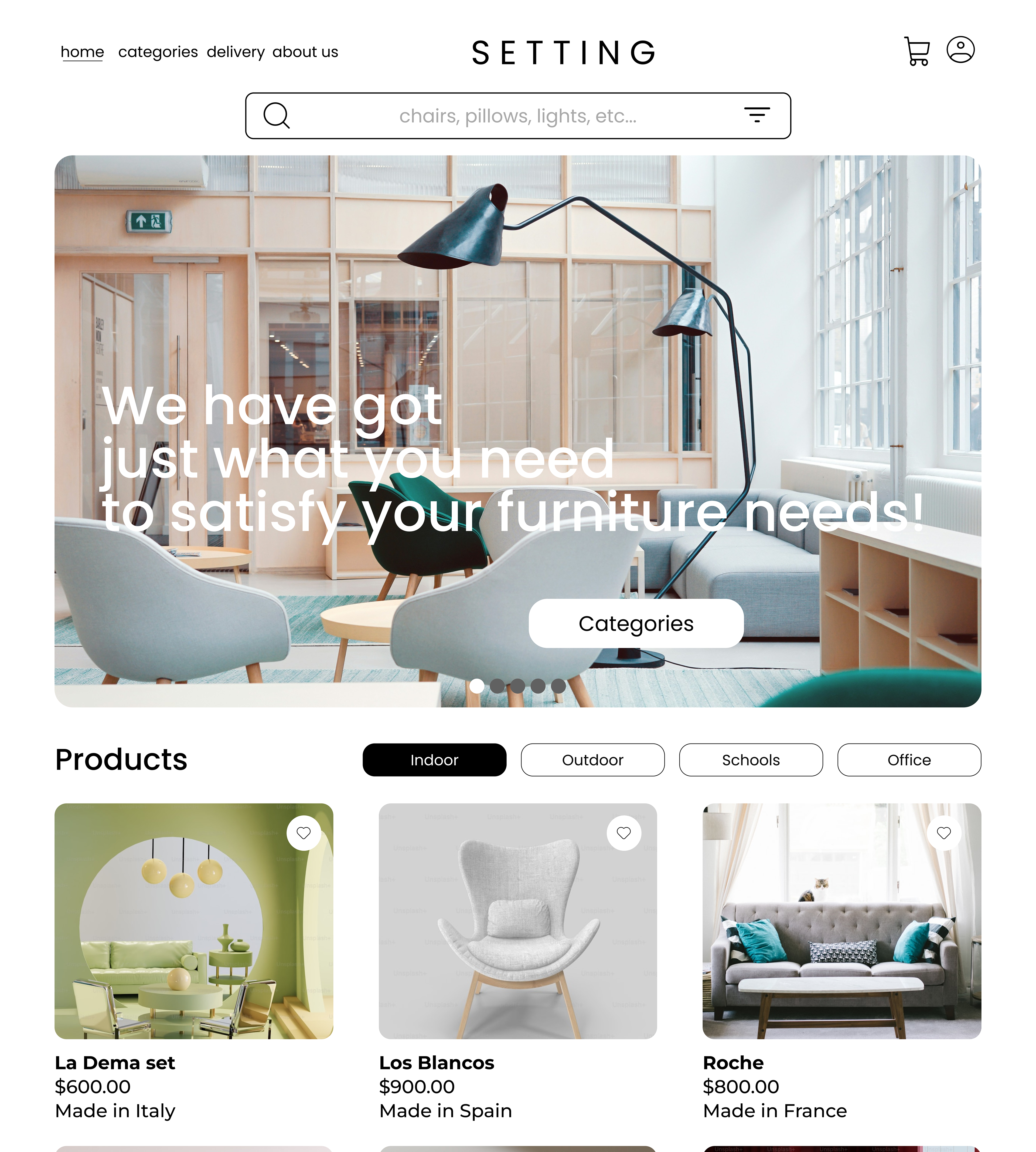 Landing page for Furniture website