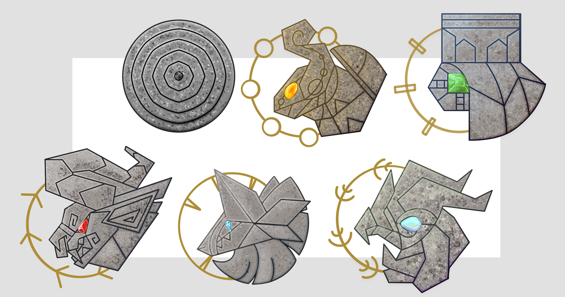 Emblems of the Gods, Ao, Qismetabel, Archommune, Minoculus, Paranthus and Avergon.