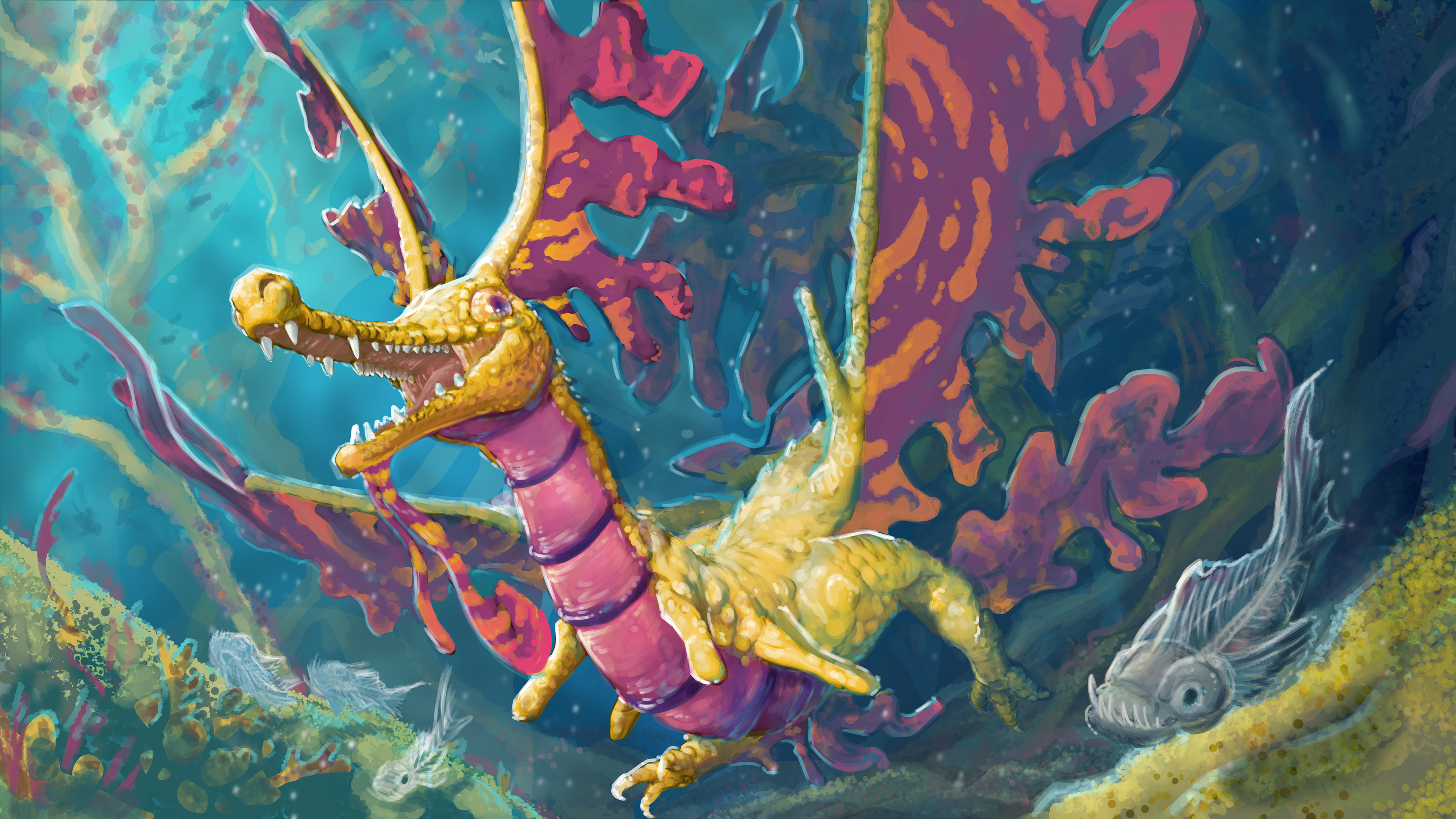 Weedy Sea Dragon Illustration - Inspired by Weedy Sea Dragons and Gharial, With Juvenile Bloodskippers, inspired by glassfish.