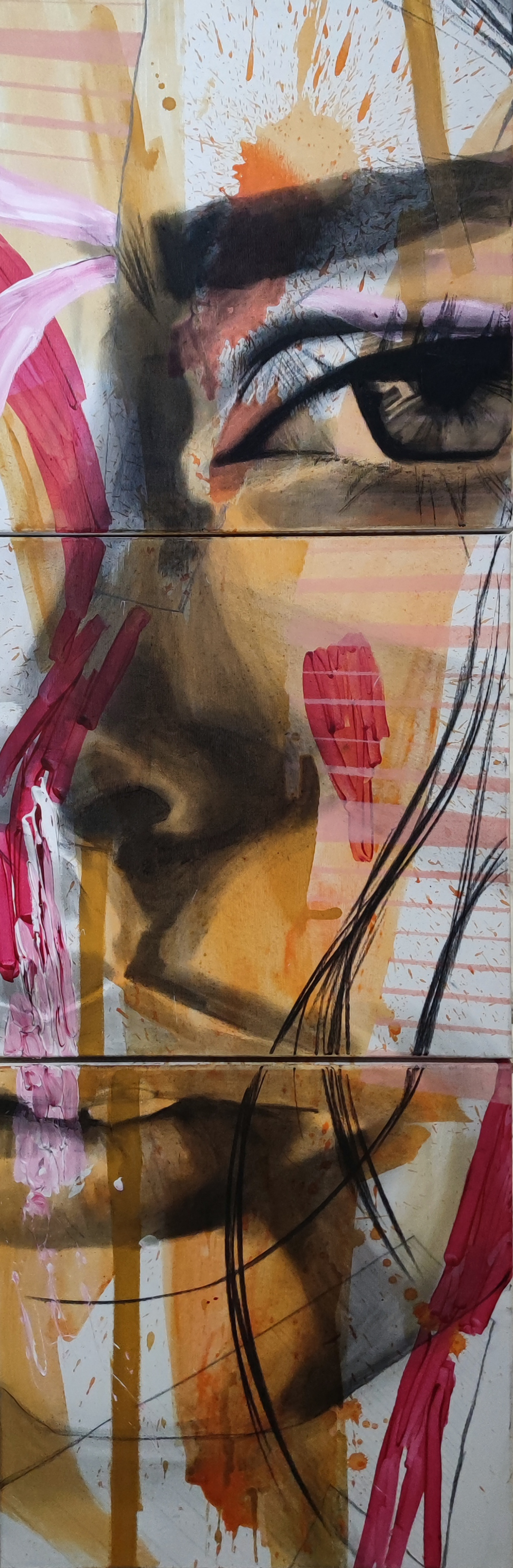 "Timeless analogy I" Acrílico y carbon sobre tela. Tríptico, 150 x 50cm