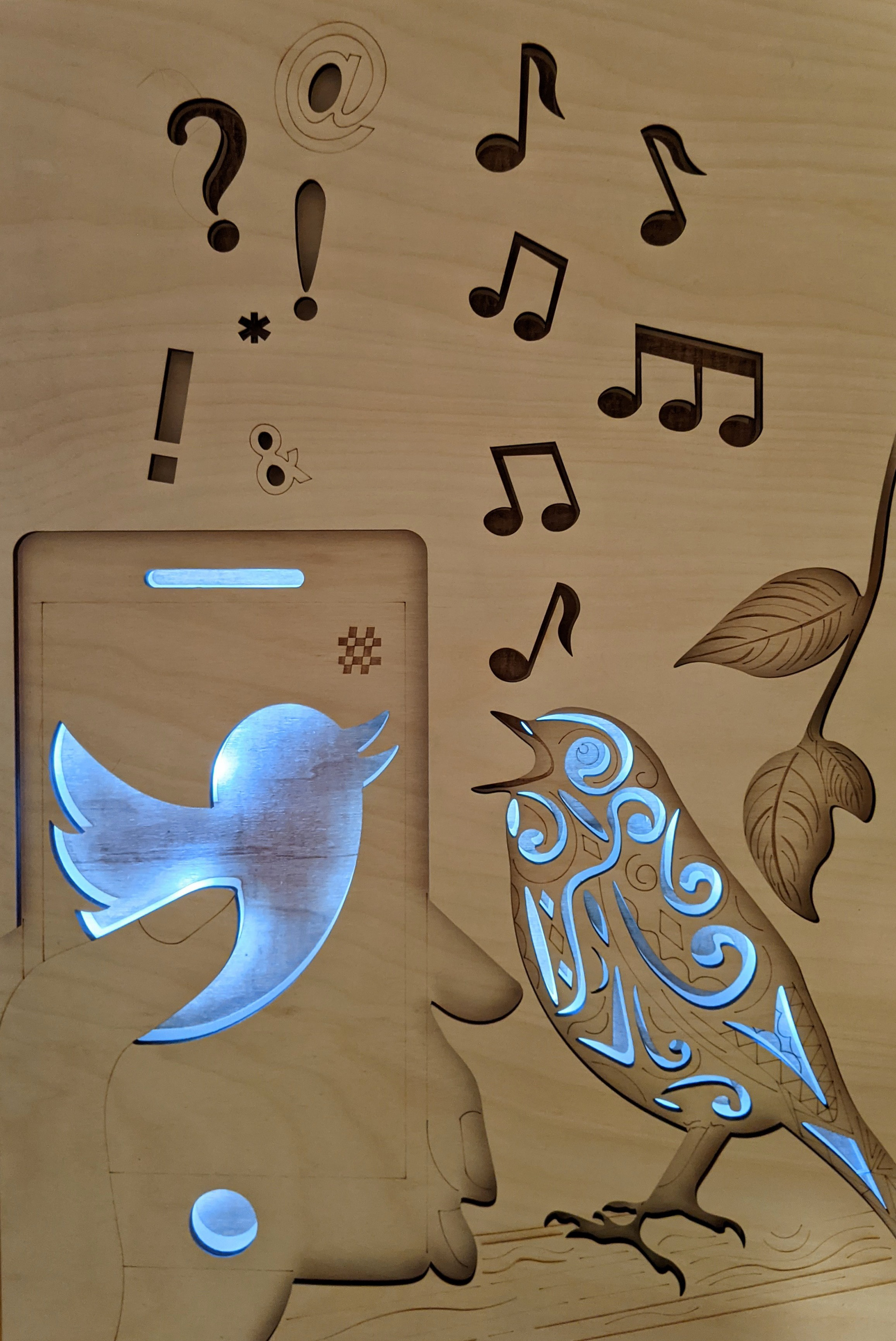 Fairy Tales vs. Global Issues: The Nightingale vs. Social Media, laser cut birch wood