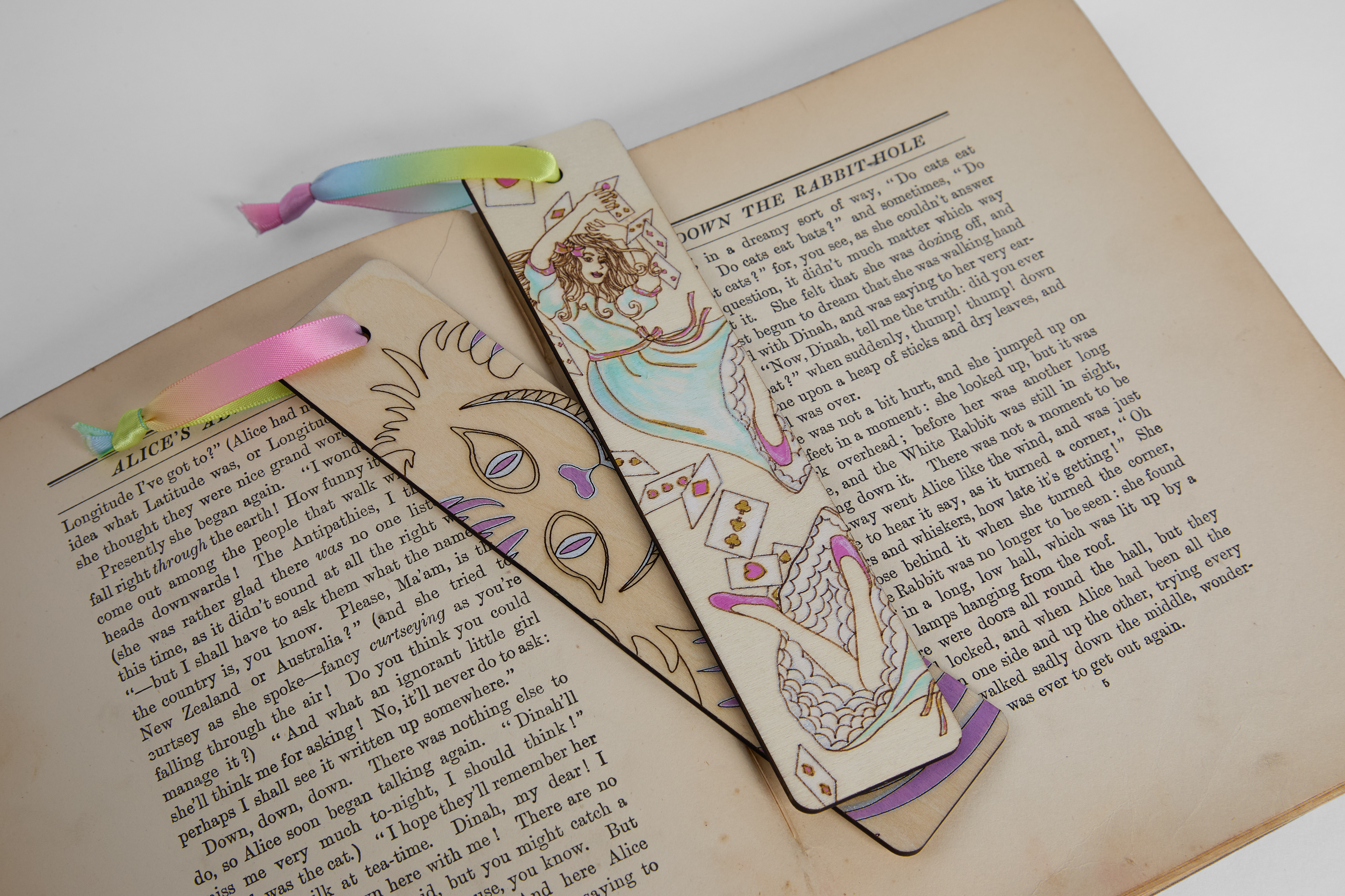 'Alice in Wonderland' bookmarks, laser cut wood and acrylic