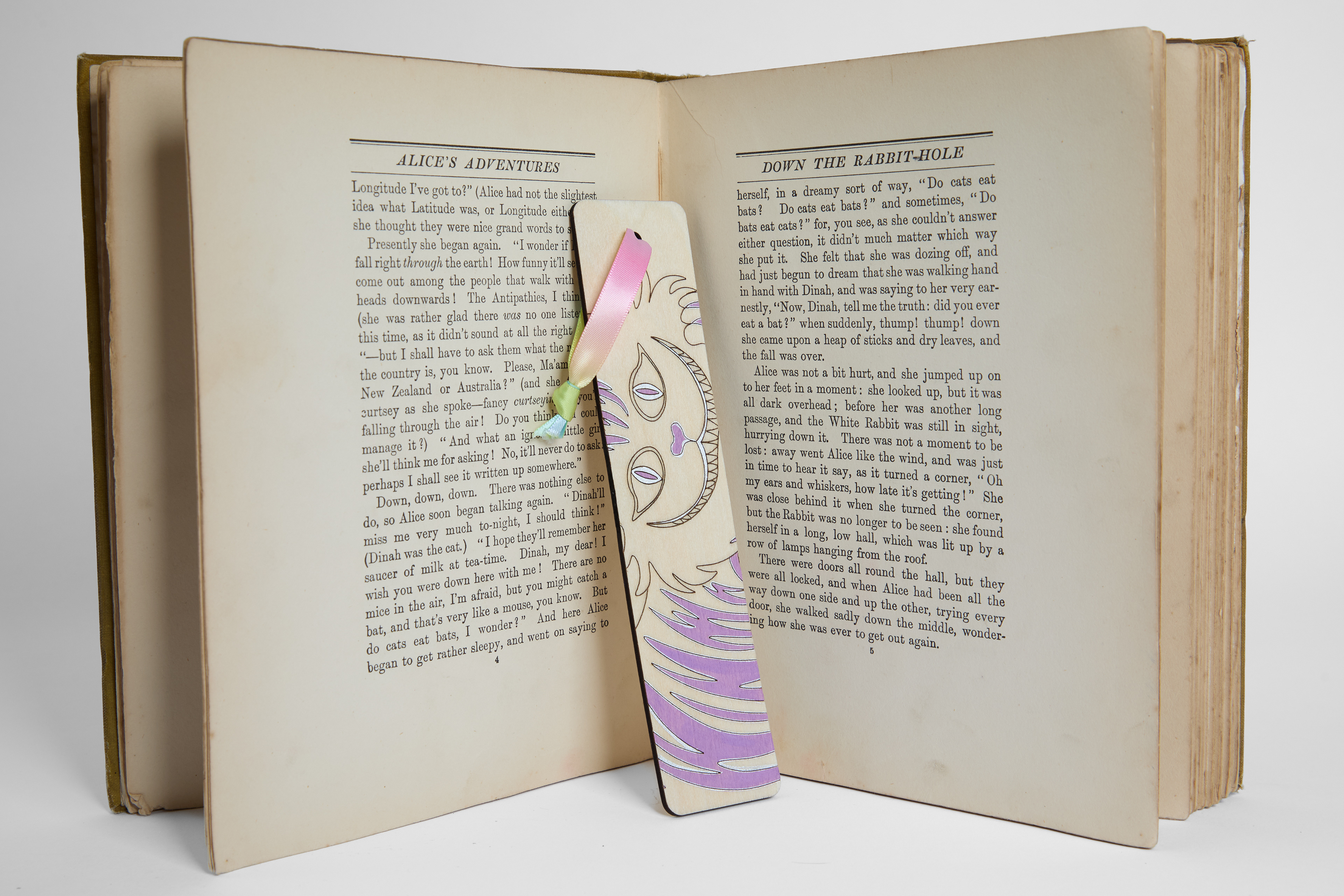 'The Cheshire Cat' bookmark, laser cut wood and acrylic