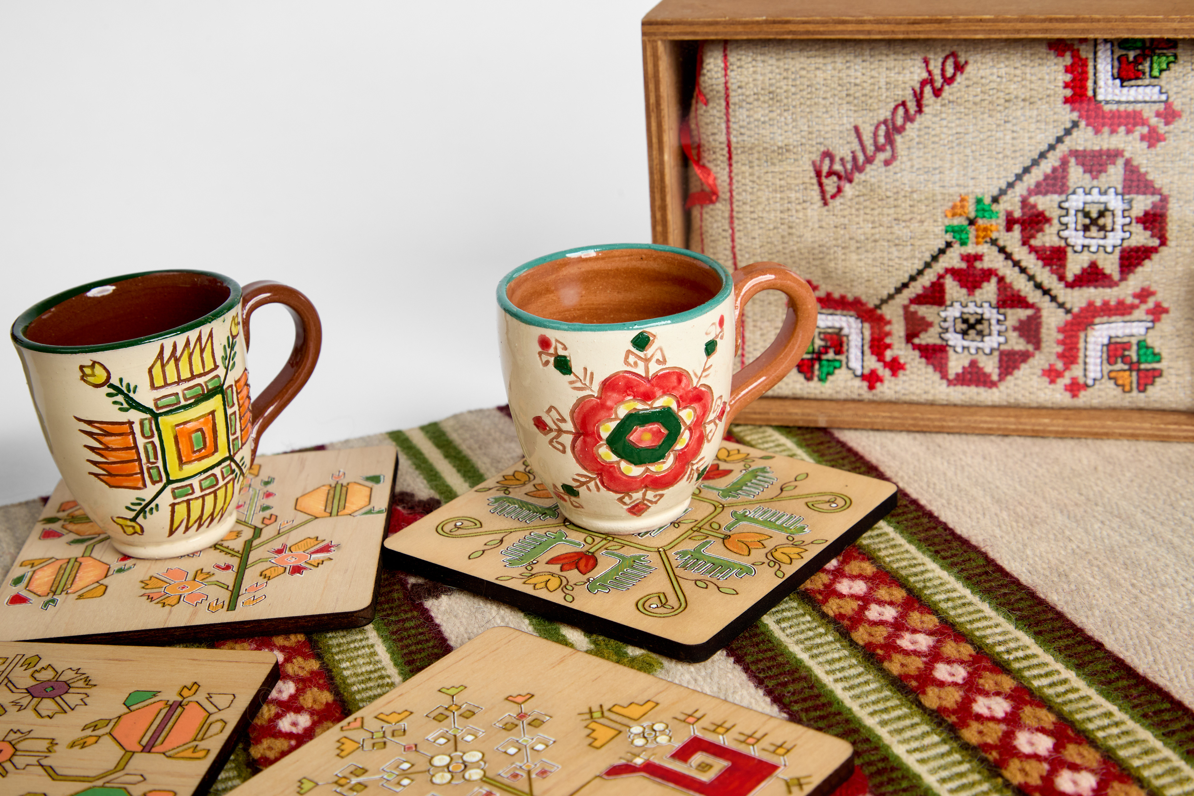 'Bulgarian embroidery' coasters, laser cut wood and acrylic